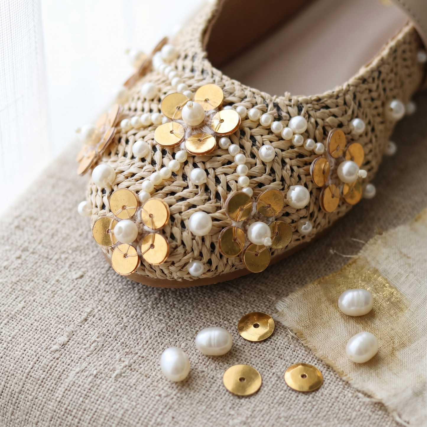 The Gatsby Bloom Flats close-up — gold coin sequin clusters and lustrous pearl embellishments on natural raffia crochet upper by Solemates by Palak