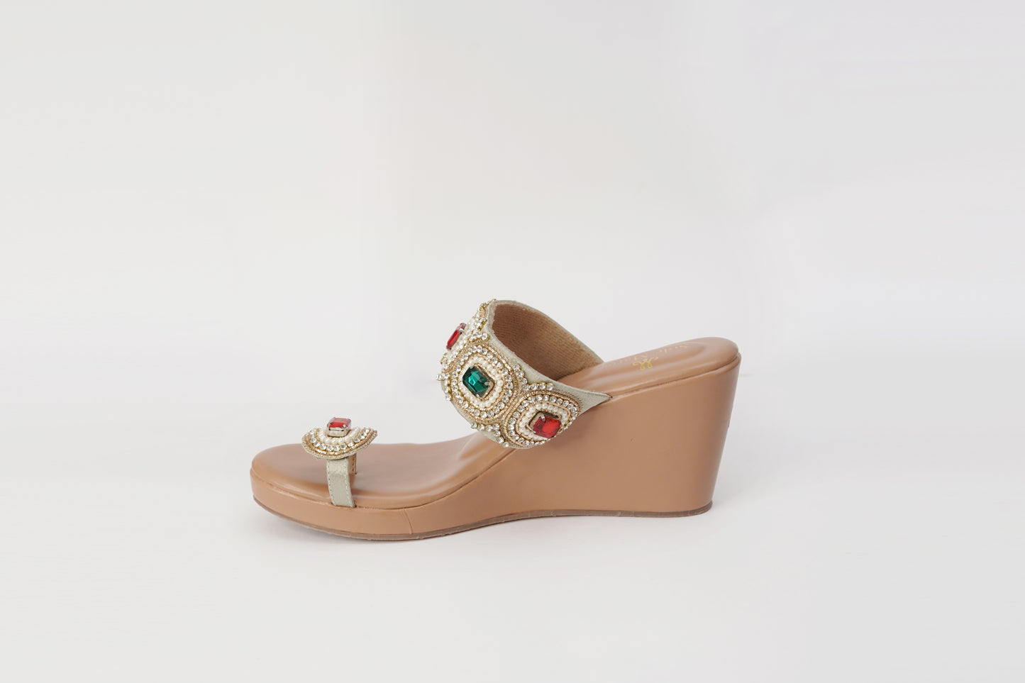 Rang Manch Kolhapuri Heels white background side view — nude wedge toe ring heels with ruby and emerald stone embellished strap by Solemates by Palak