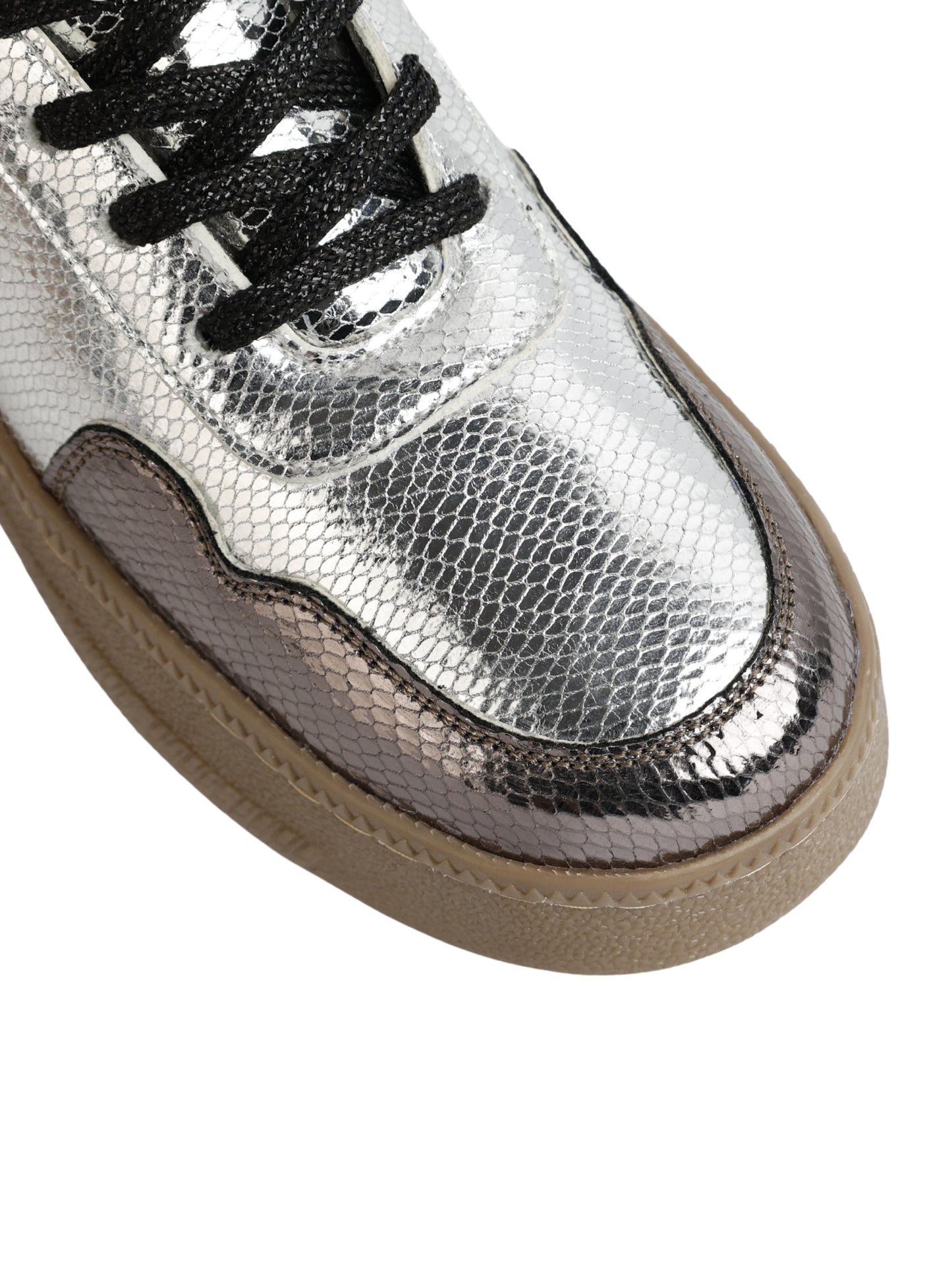 Silver Vortex sneakers toe cap close-up — gunmetal and silver metallic snake texture detail by Solemates by Palak