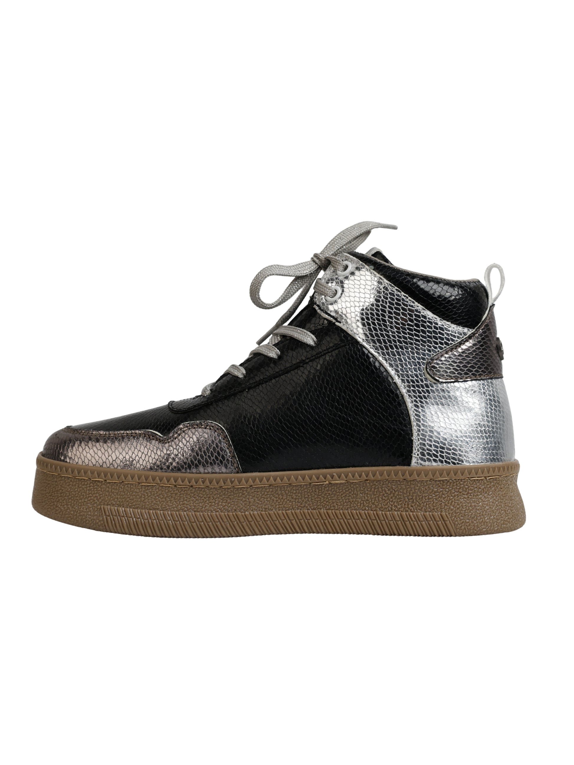 Galaxy Shine high-top sneakers side view — black snake texture upper with silver metallic panel and gum sole by Solemates by Palak