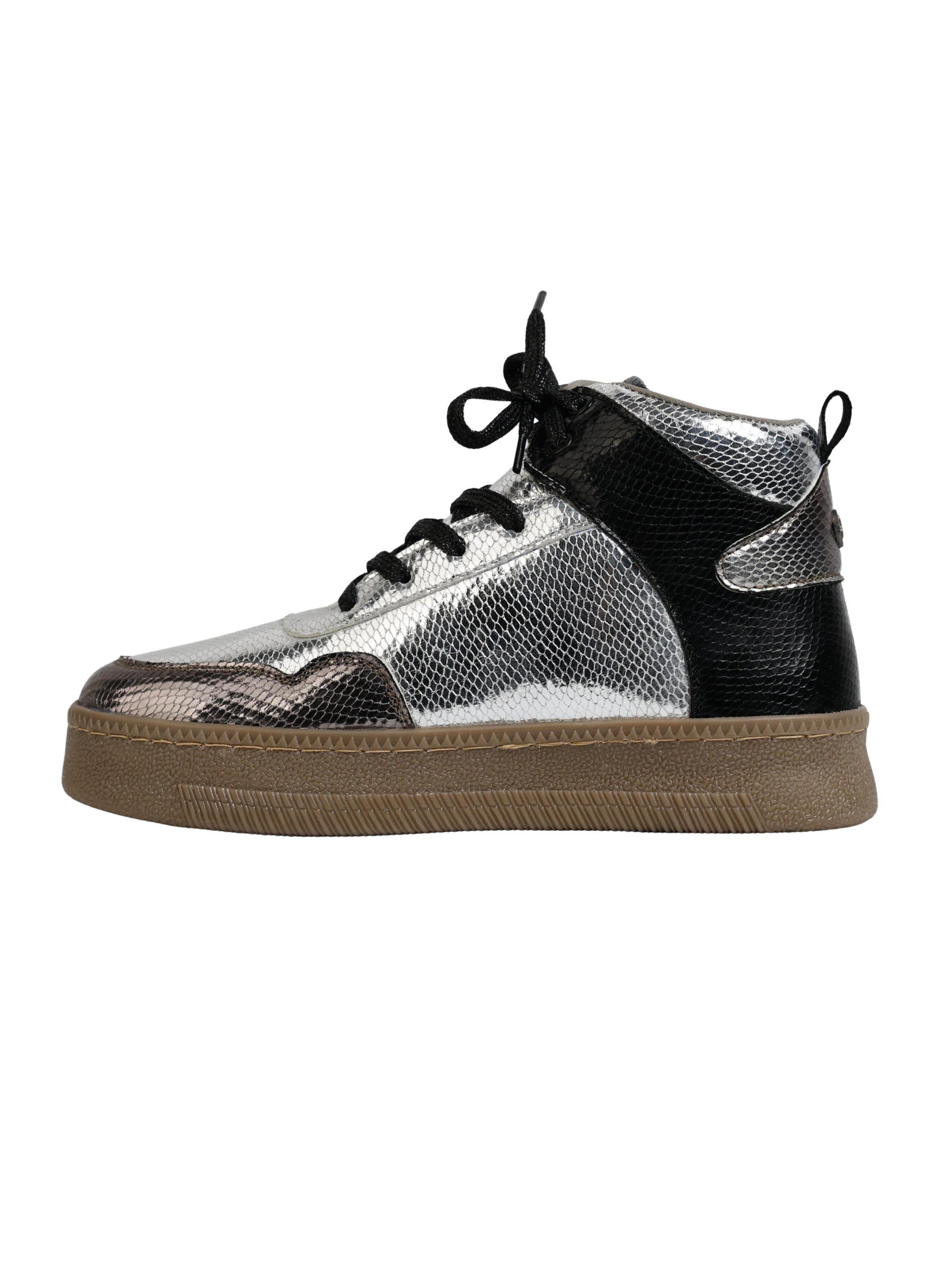 Silver Vortex high-top sneakers side view — silver metallic snake texture upper with black panel and gum sole by Solemates by Palak