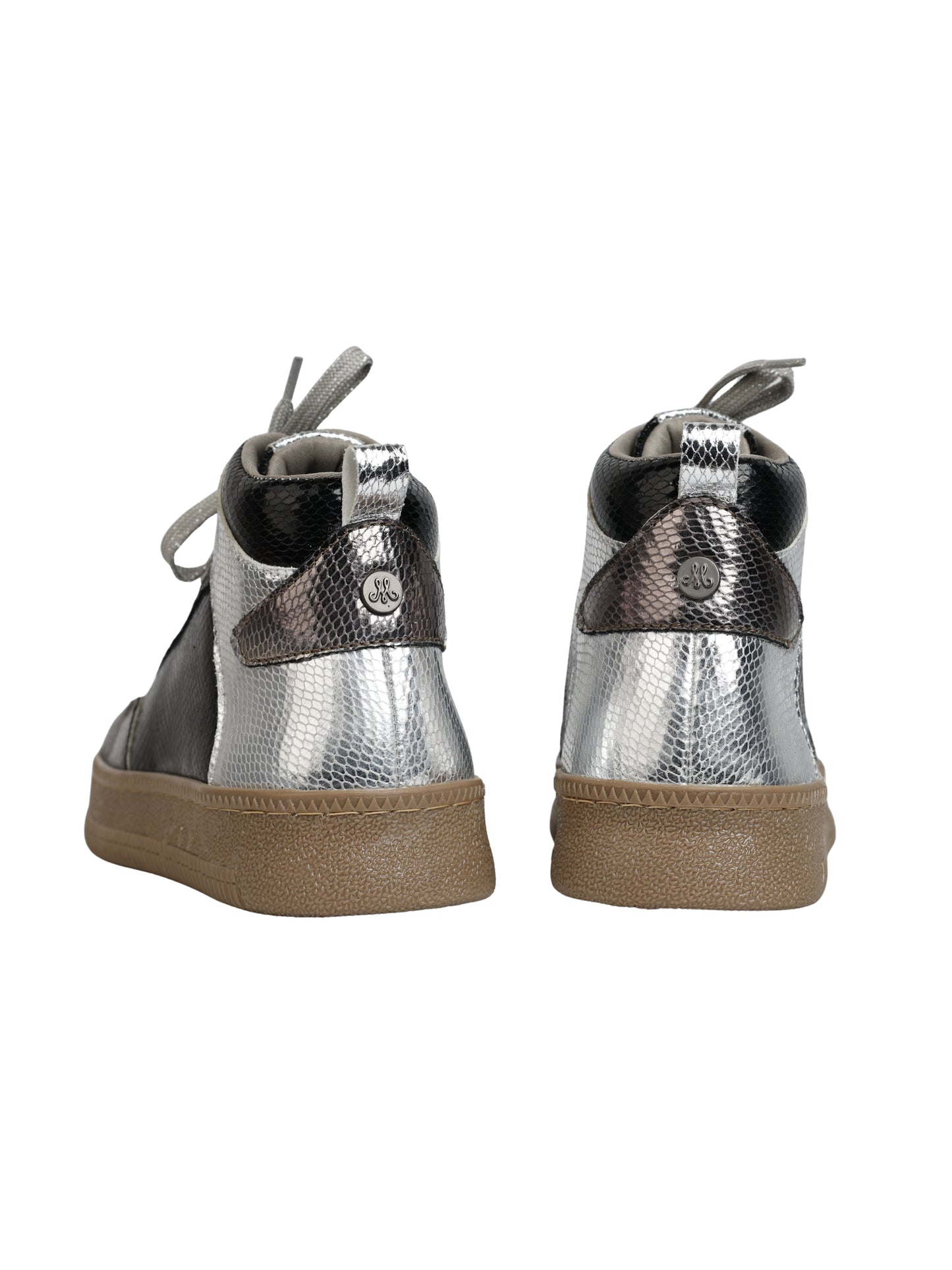 Silver Vortex high-top sneakers back view showing Solemates by Palak signature badge — metallic silver snake texture
