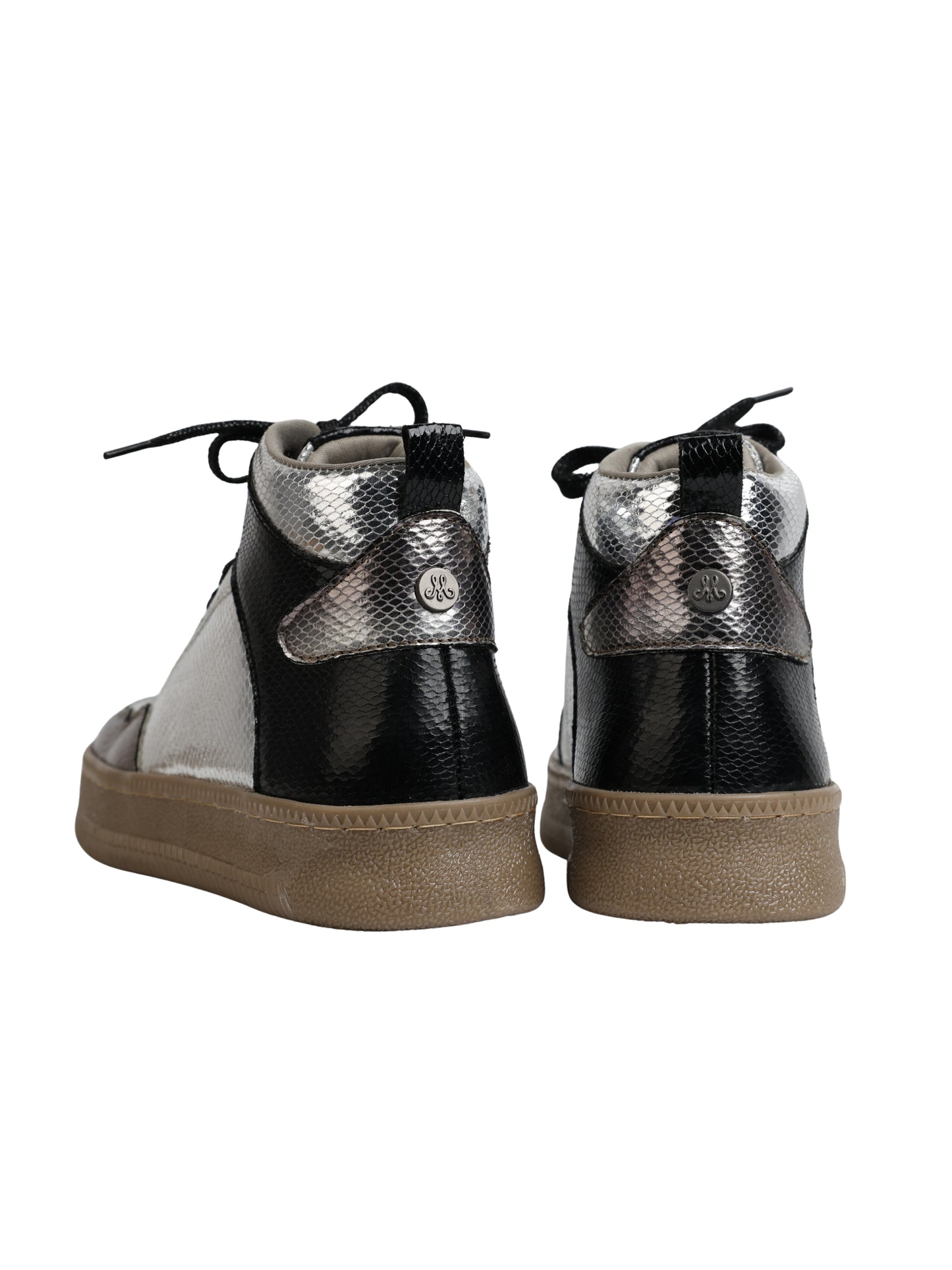 Galaxy Shine high-top sneakers back view showing Solemates by Palak signature badge — black and silver snake texture