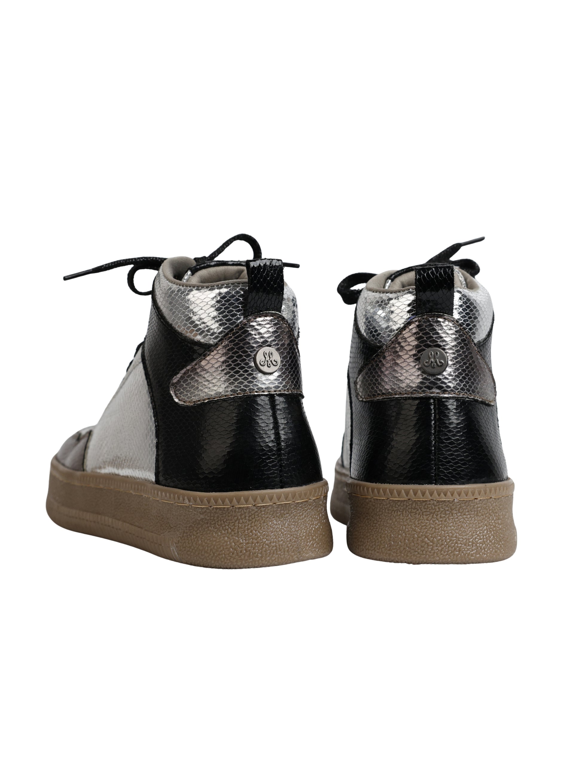 Galaxy Shine high-top sneakers back view showing Solemates by Palak signature badge — black and silver snake texture