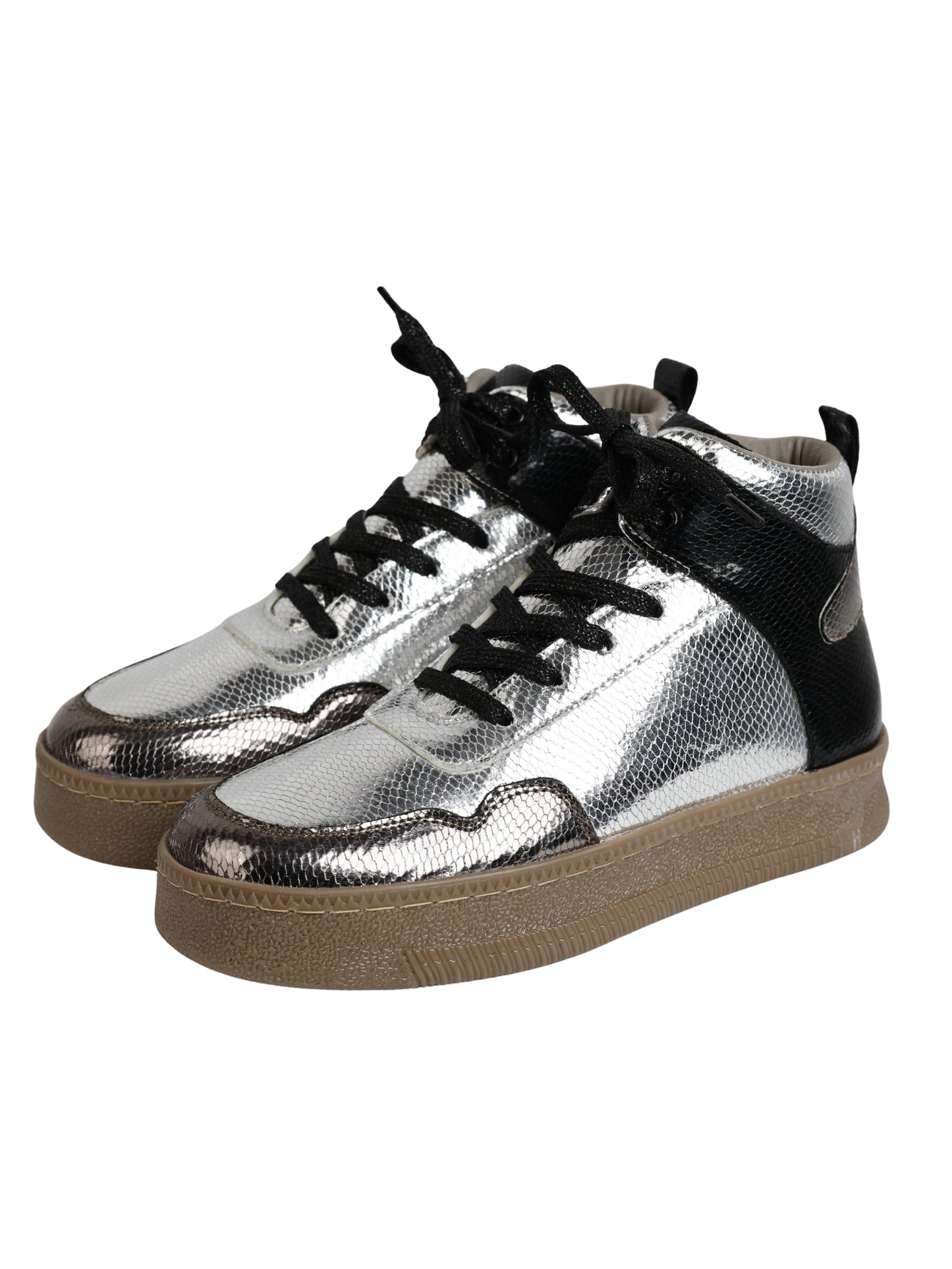 Silver Vortex high-top sneakers 3/4 view — silver metallic snake texture with black accents and gum sole by Solemates by Palak