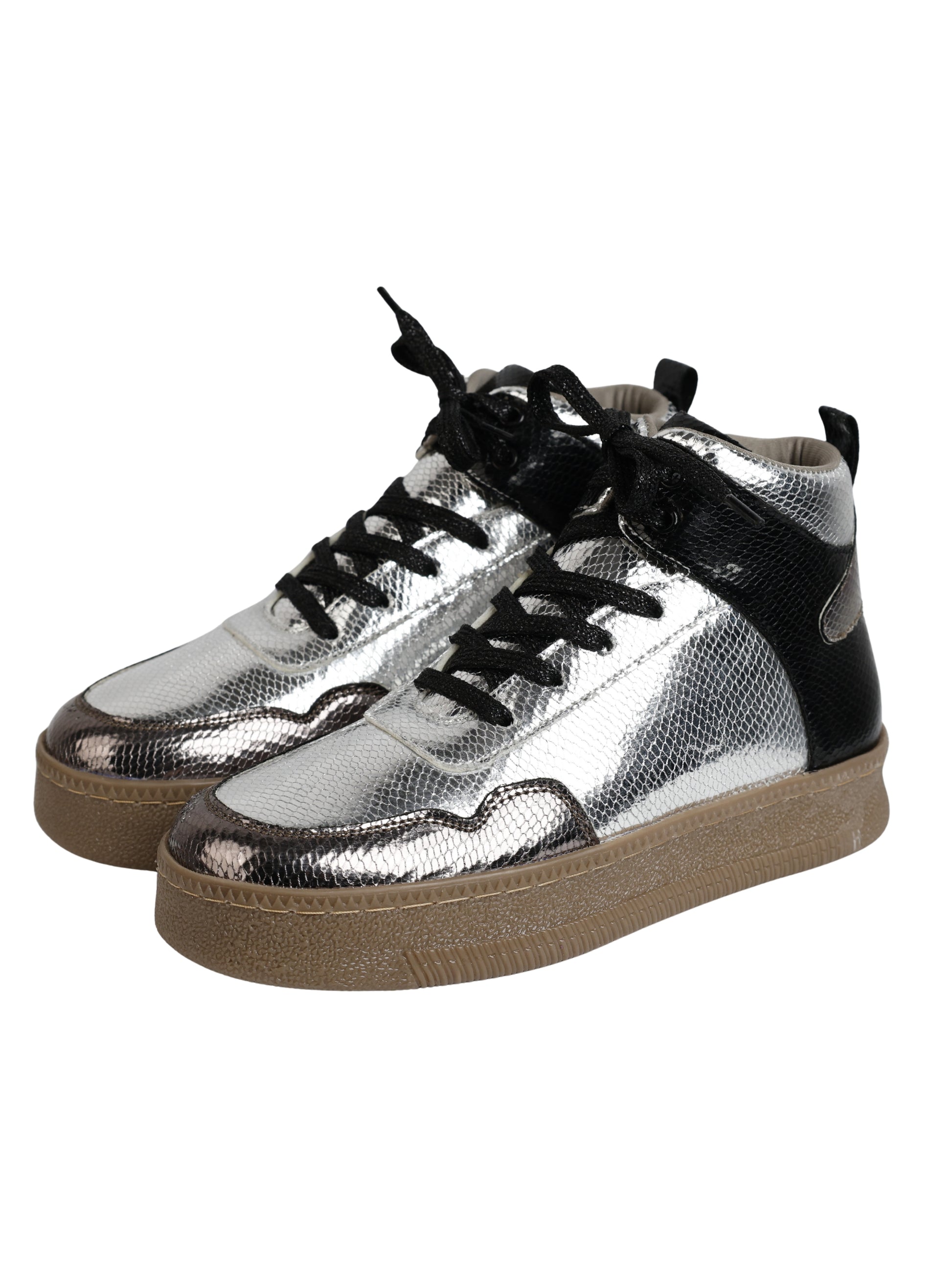 Silver Vortex high-top sneakers 3/4 view — silver metallic snake texture with black accents and gum sole by Solemates by Palak