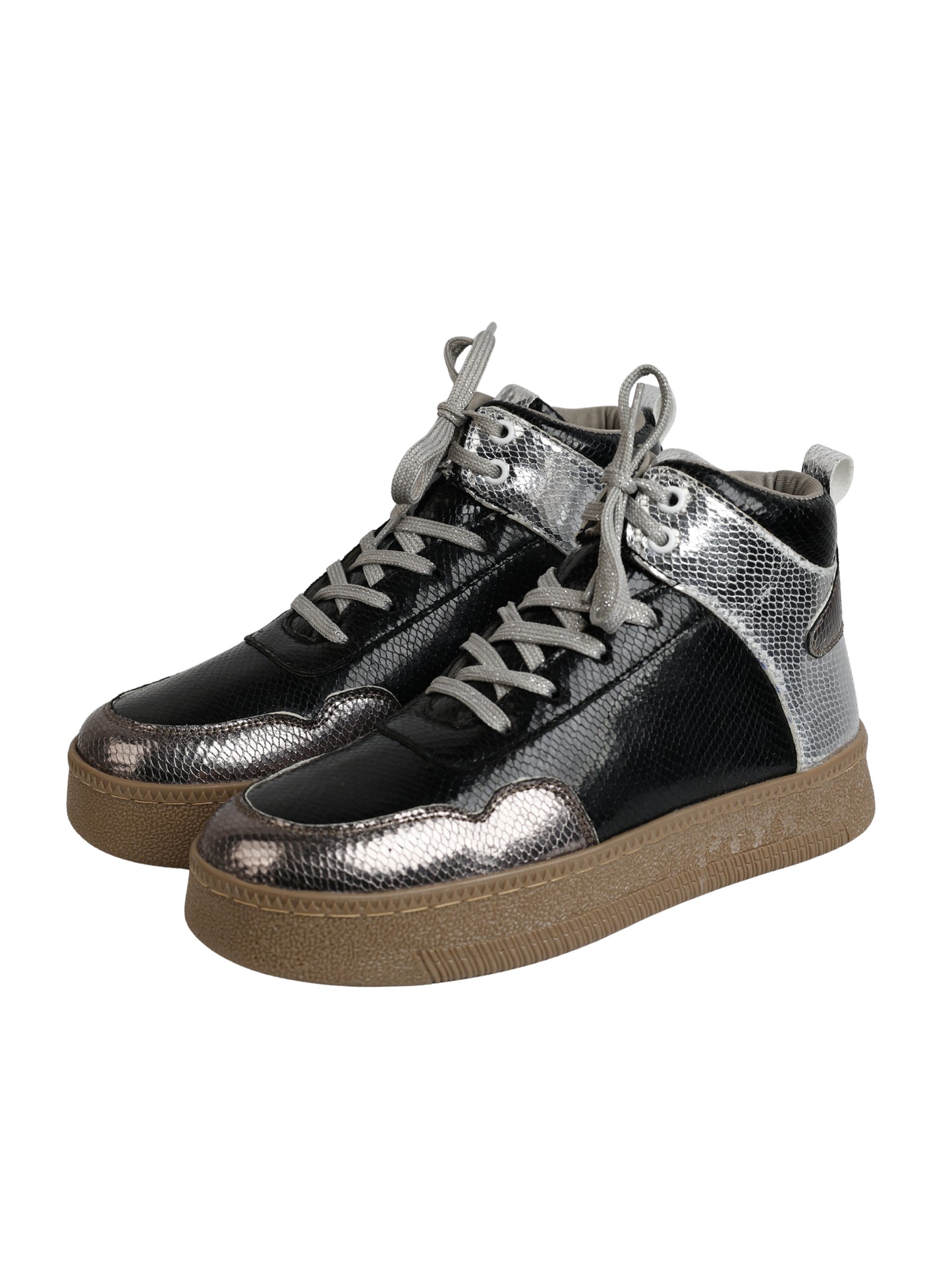 Galaxy Shine high-top sneakers 3/4 view — black snake texture with silver metallic panel and gunmetal toe cap by Solemates by Palak