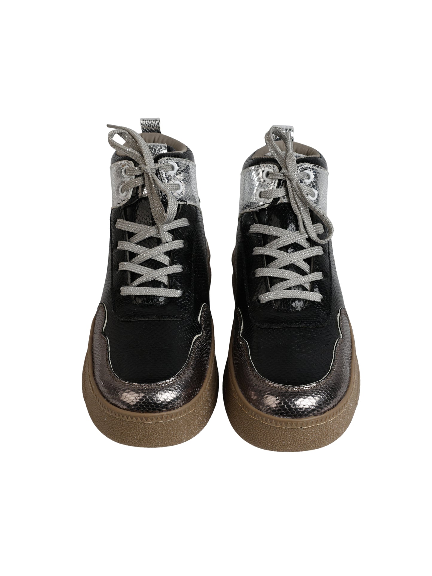 Galaxy Shine high-top sneakers front view — black snake texture with gunmetal toe cap and grey laces by Solemates by Palak