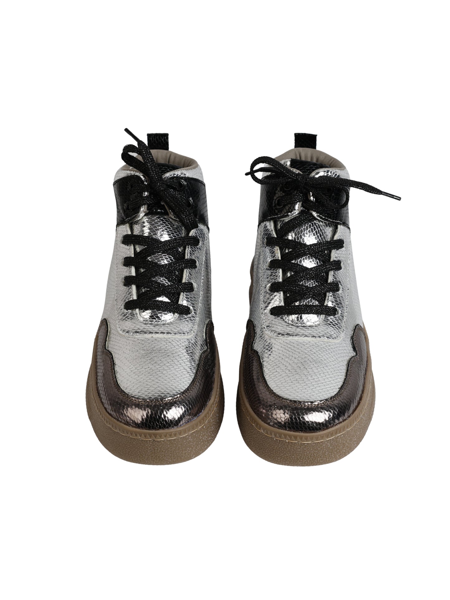 Silver Vortex high-top sneakers front view — silver and gunmetal snake texture with black laces by Solemates by Palak