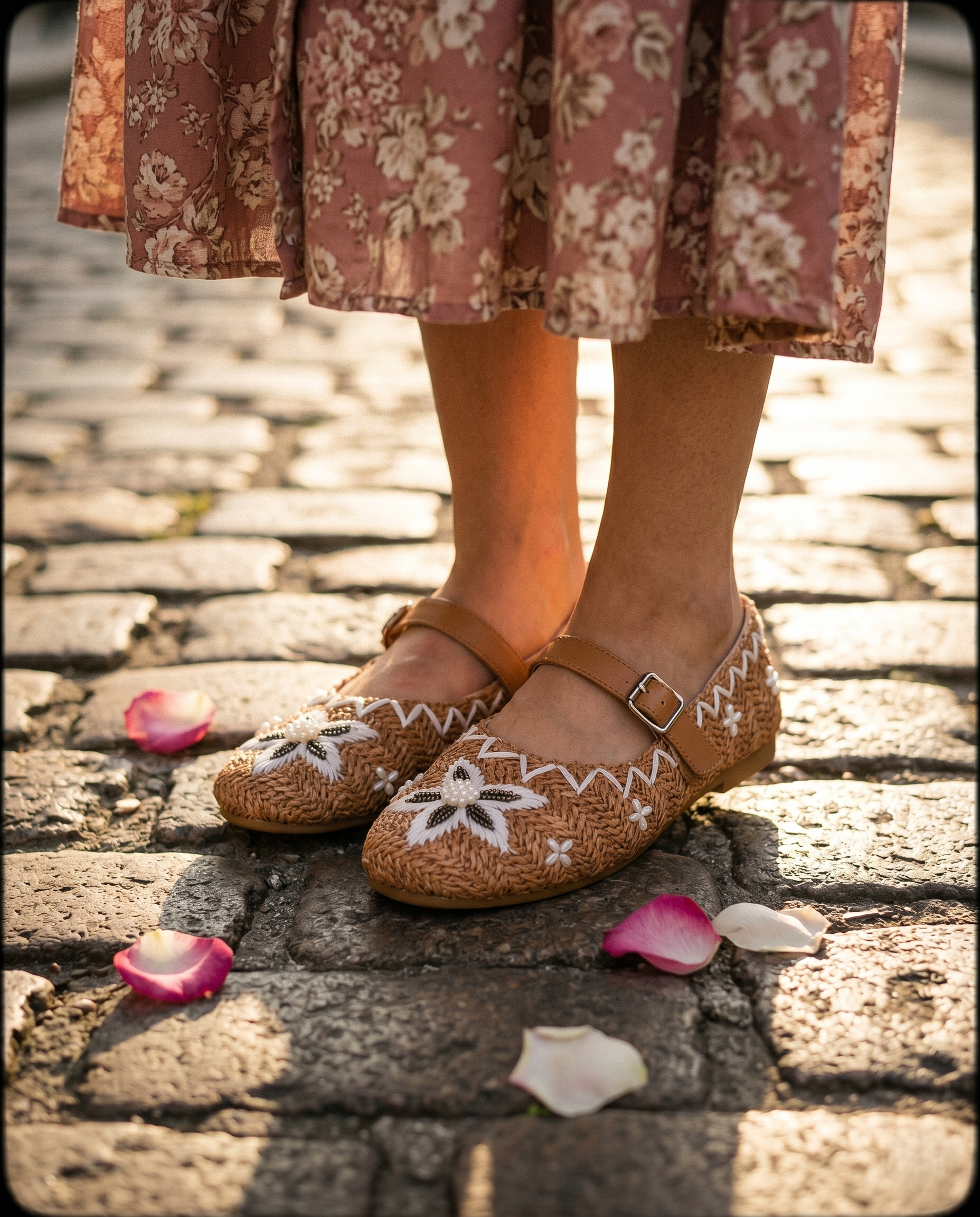 Retro Royal Raffia Mary Jane Flats worn by model — camel raffia with white daisy embroidery and tan leather strap by Solemates by Palak