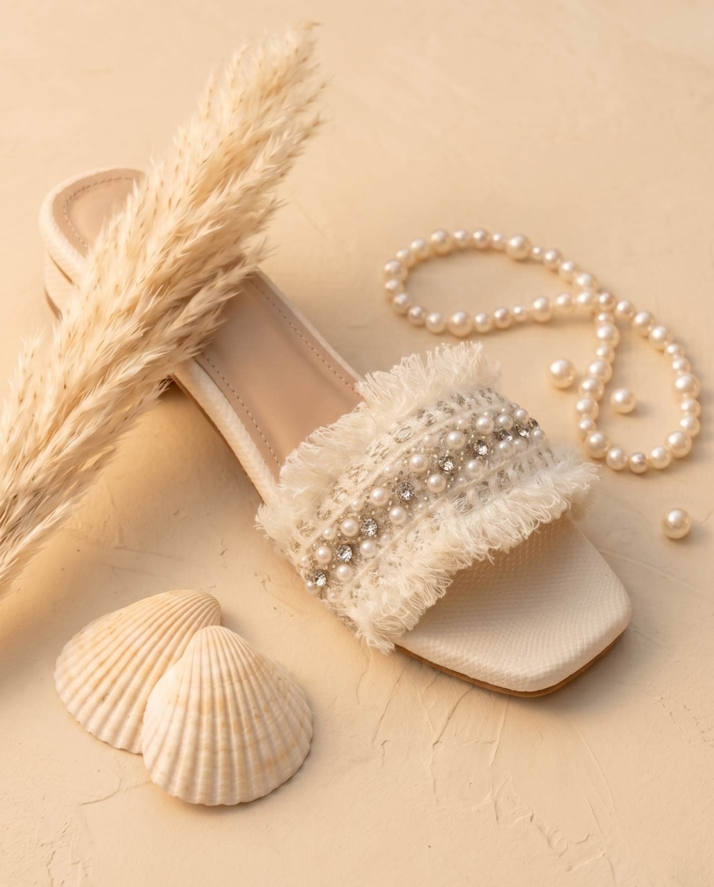 Single Boho Chic Ivory slider by Solemates by Palak with seashell and pearl necklace — ivory fringe strap with mixed pearl and silver crystal embellishment detail