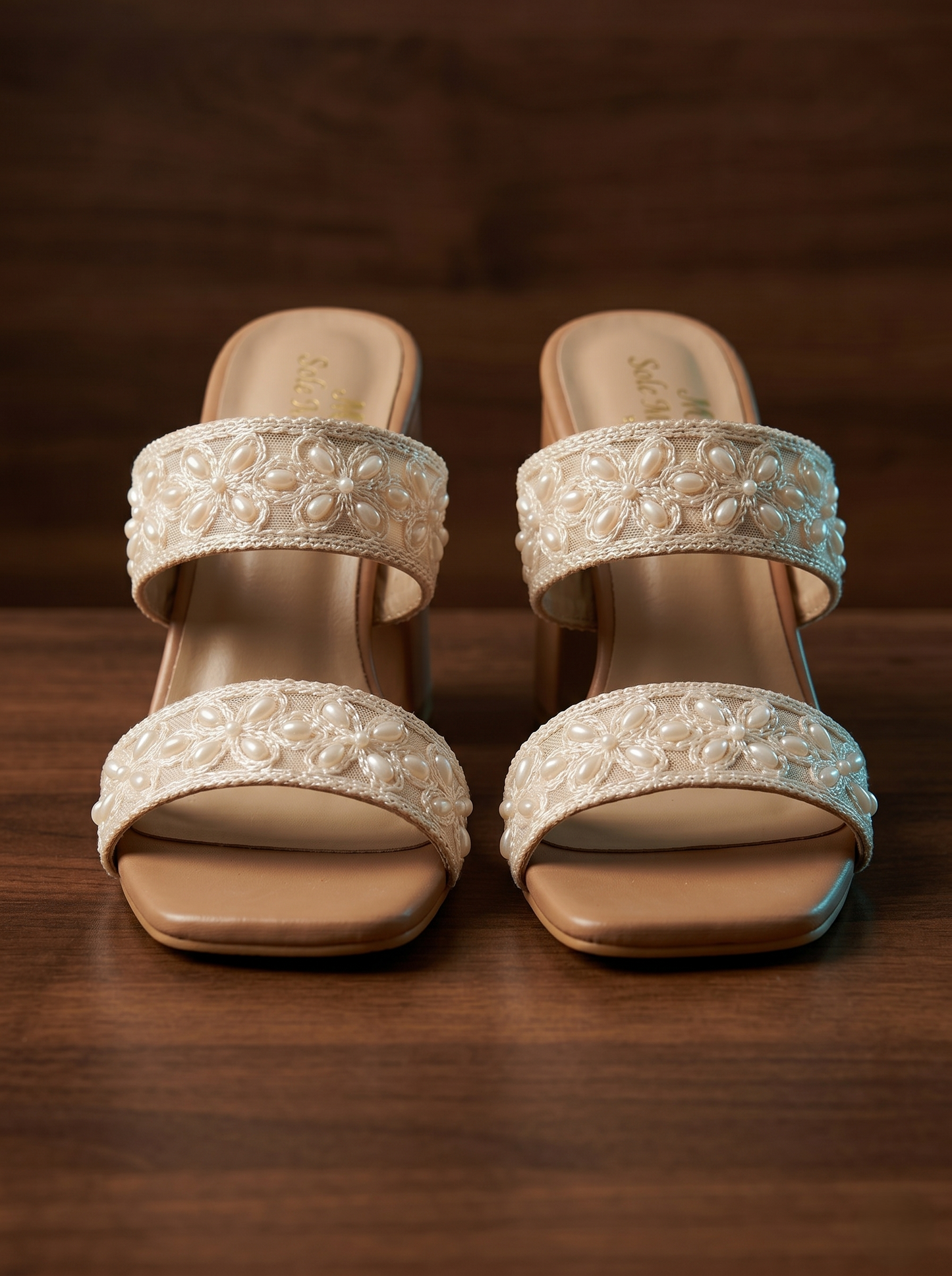 Grace Double Strap Block Heels front view — dense pearl flower cluster embellishment with lace trim by 
Solemates by Palak