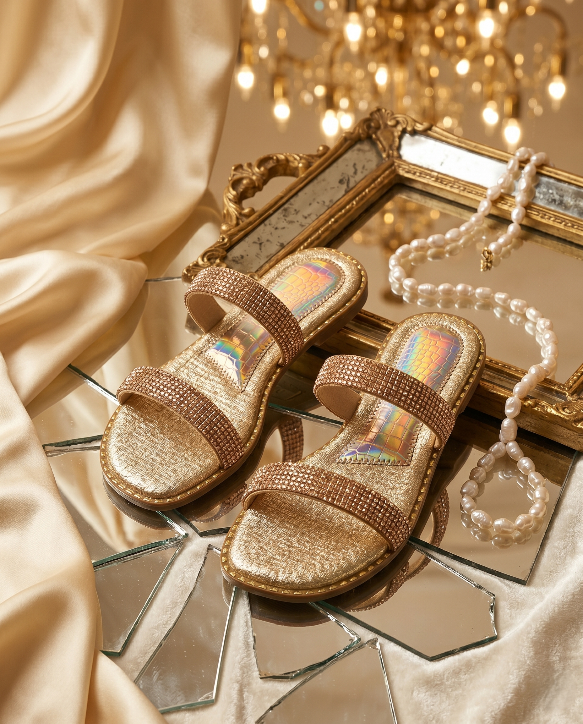 Crystalline Rosegold Flats pair flat lay on mirror tray — double strap flat sandal with dense rose gold crystal straps and holographic lining by Solemates by Palak