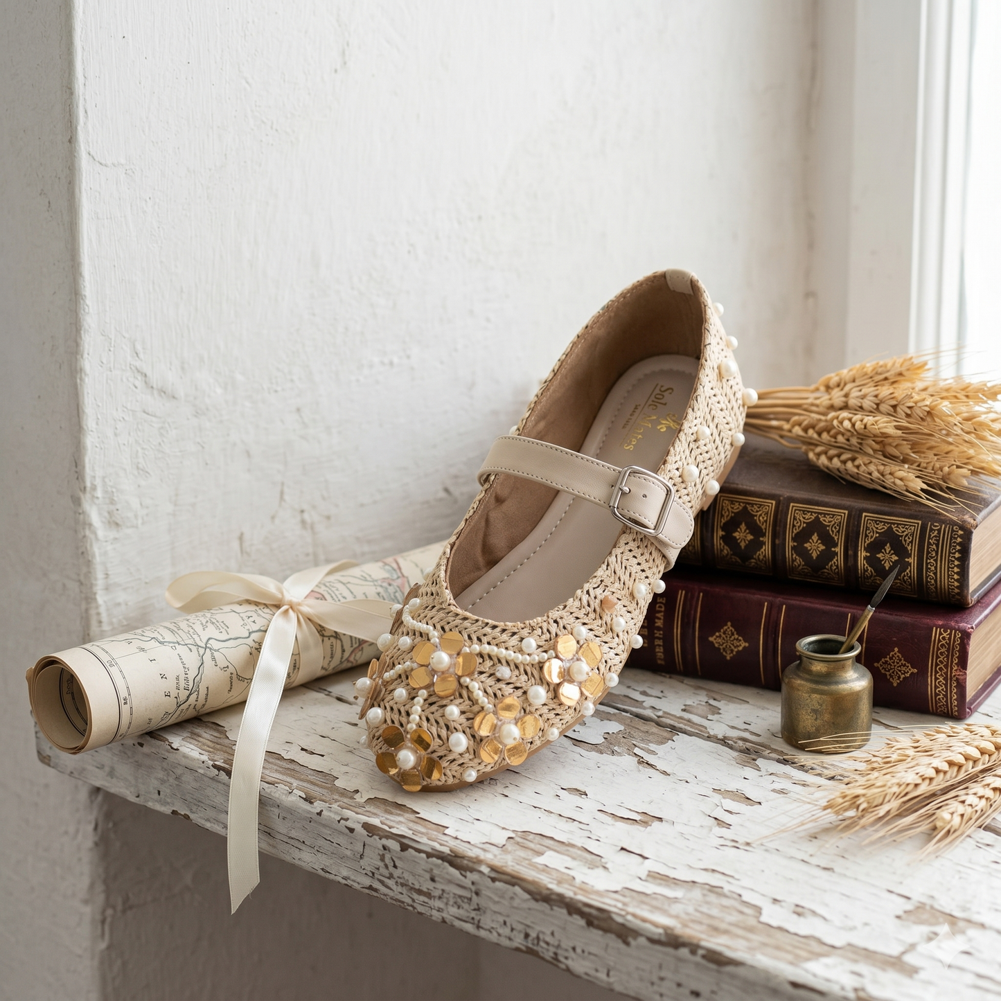 The Gatsby Bloom Mary Jane Flat side view — natural raffia crochet upper with gold sequin clusters and nude ankle strap by Solemates by Palak