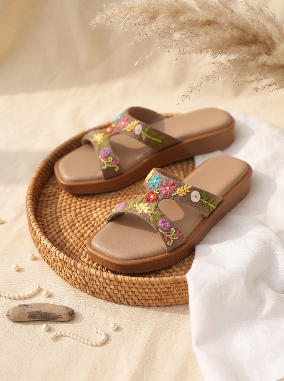 Sydney Brown Flatforms — Brown H-Strap Flatform with Multicolour Floral Hand Embroidery & Bead Detailing | Solemates by Palak