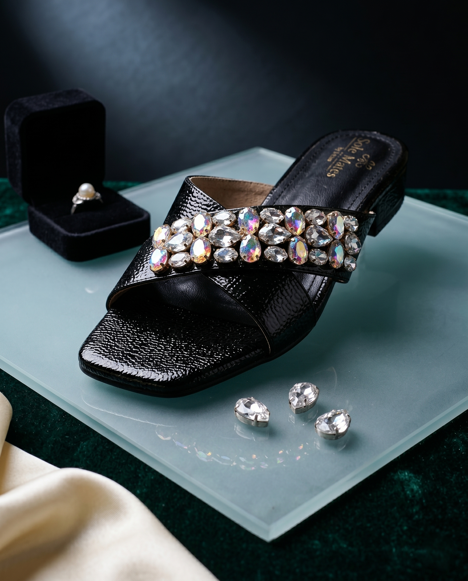Charolette Black Sliders on acrylic tray with jewellery box and loose crystals — black patent criss-cross sliders with iridescent crystal embellishment by Solemates by Palak