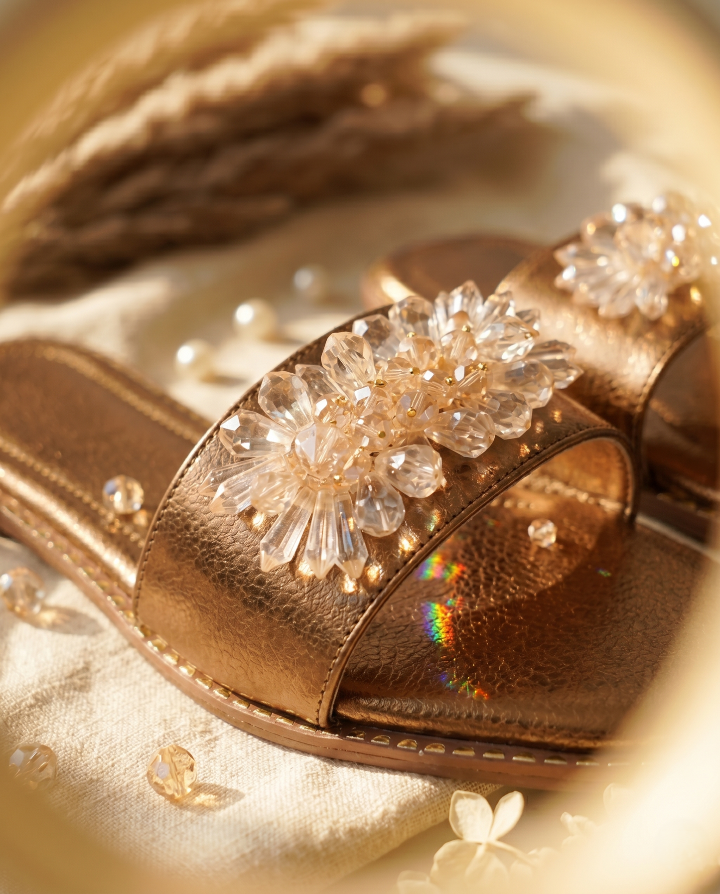 Close-up of Copper Mirage slider strap by Solemates by Palak — 3D crystal floral embellishment with clear faceted crystal petals and champagne gold bead centre on copper metallic upper