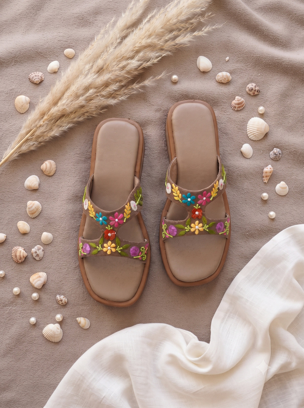 Sydney Brown Flatforms — Brown H-Strap Flatform with Multicolour Floral Hand Embroidery & Bead Detailing | Solemates by Palak