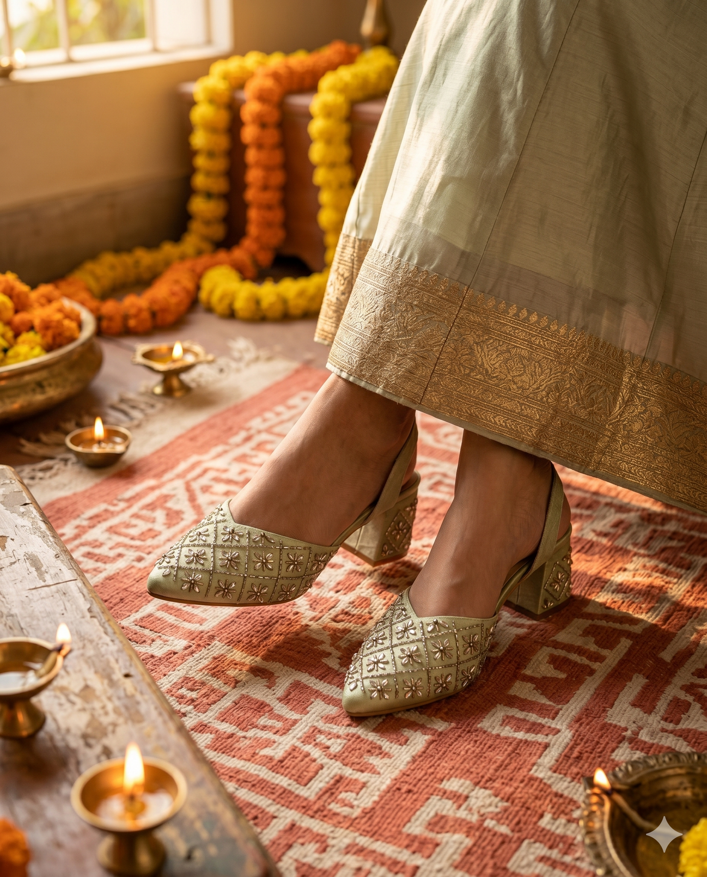 Fire Cracker Heels worn with ivory anarkali in festive diya setting — sage green mirror work slingback block heels by Solemates by Palak