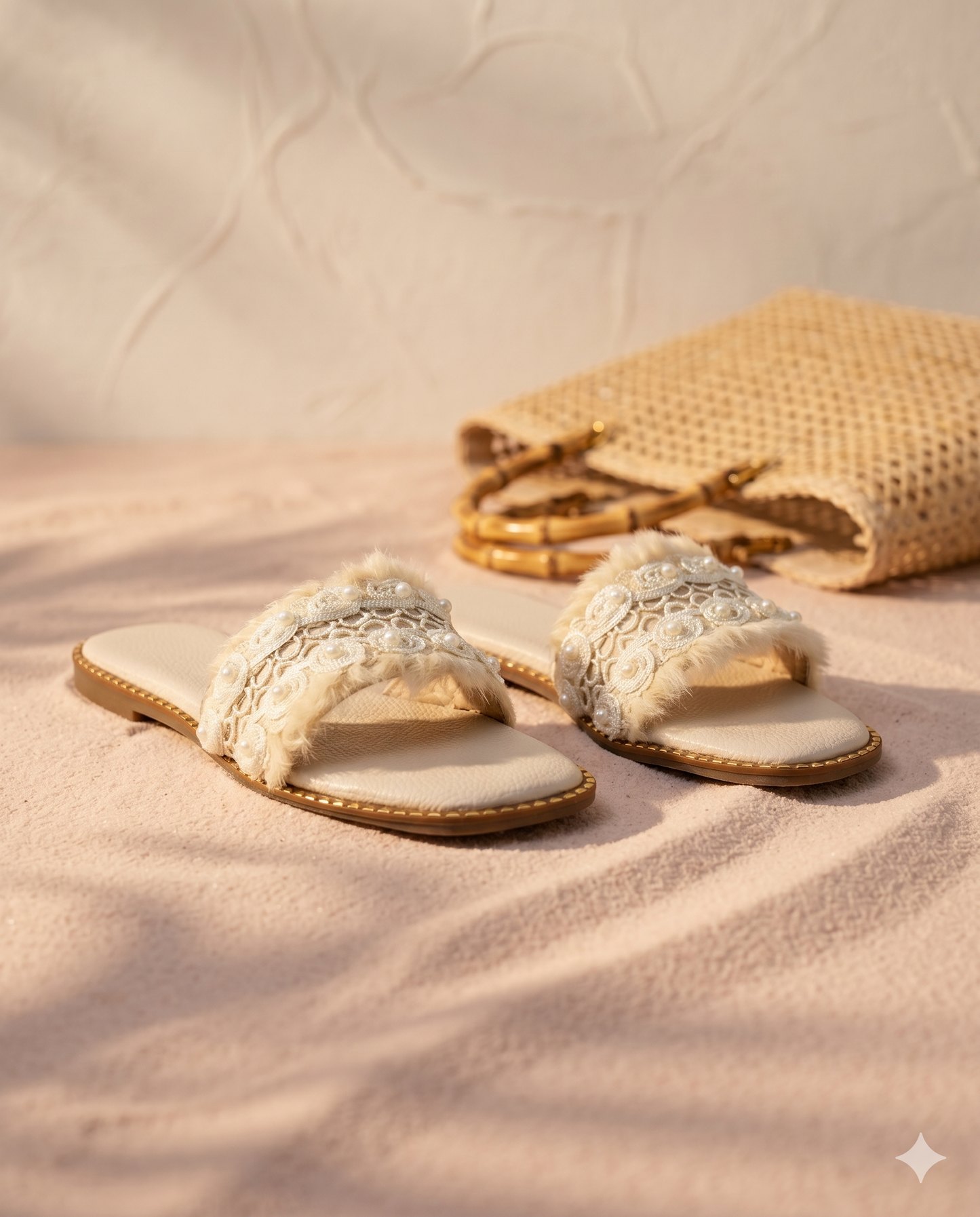 Furry Ivory slider pair on sandy surface by Solemates by Palak — ivory fur-textured strap with floral lace and pearl embellishment, gold stud sole trim, rattan bag in background