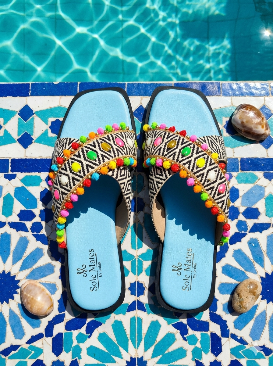 Mykonos Criss Cross Sliders on blue mosaic pool tiles — black white ikat cross strap sliders with multicolour pom pom and stone embellishment by Solemates by Palak
