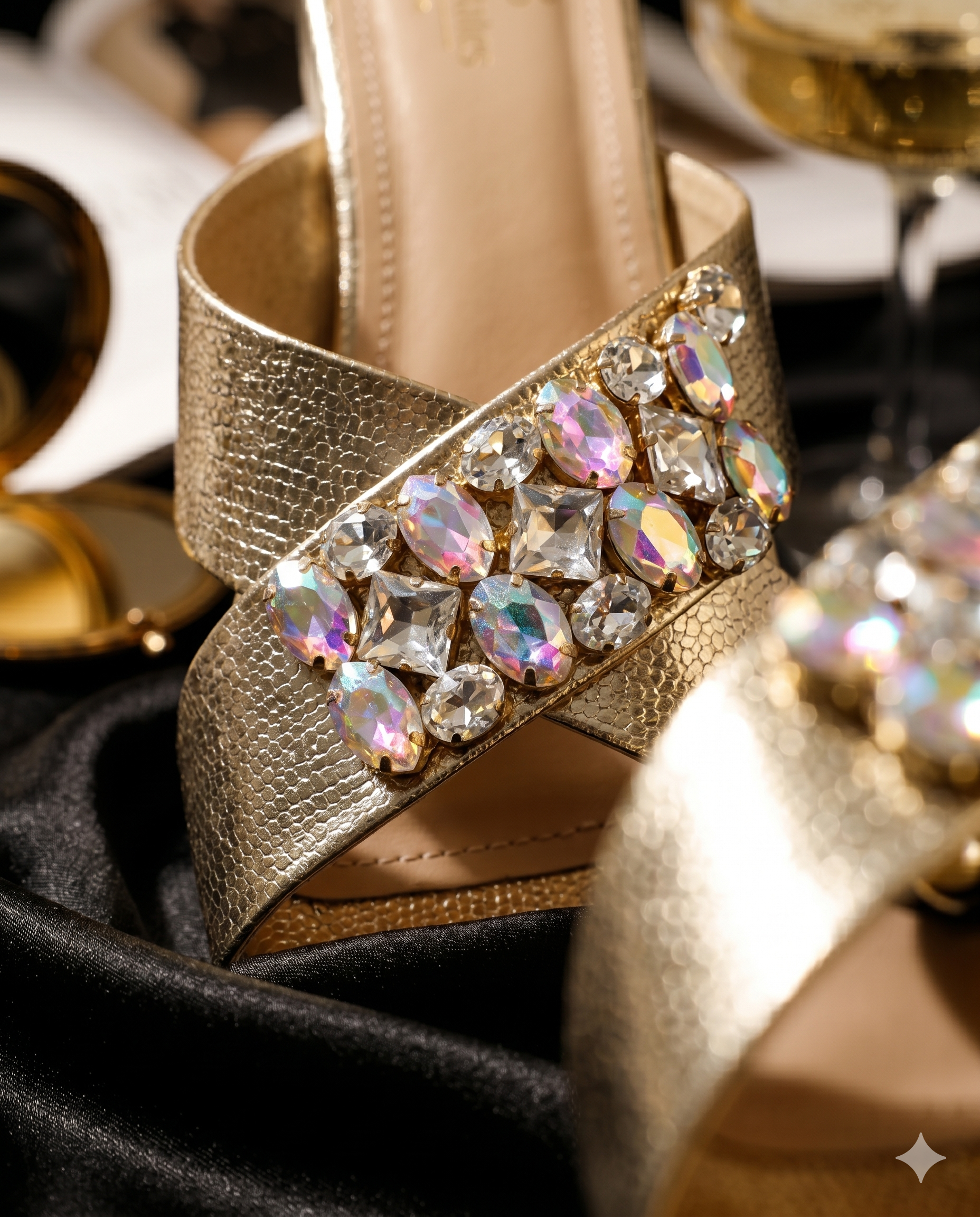 Charolette Gold Sliders crystal cluster close-up — iridescent AB crystals and clear rhinestones in mixed cuts on champagne gold textured strap by Solemates by Palak