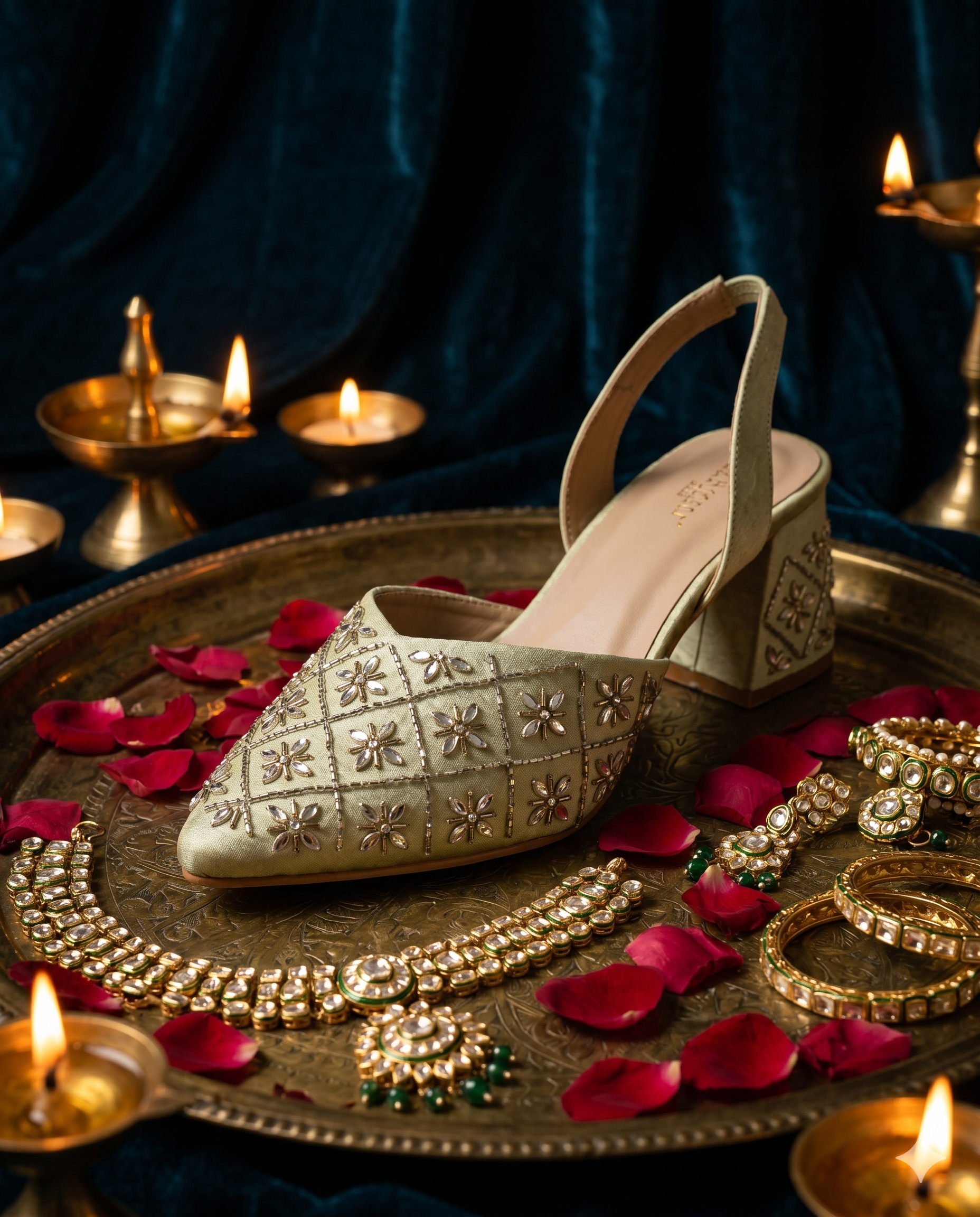Fire Cracker Heels on brass thali with diyas and kundan jewellery — sage green mirror work embellished slingback block heels by Solemates by Palak