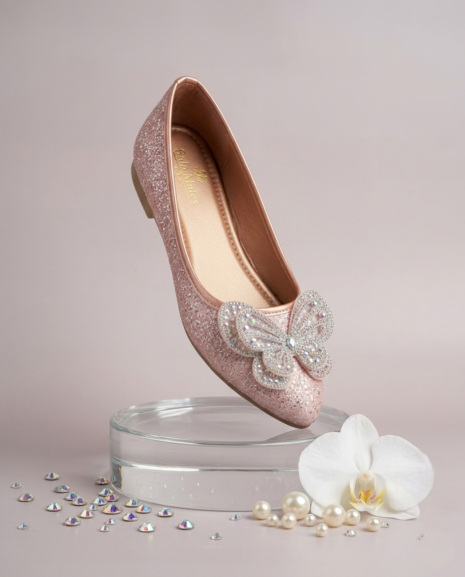 Aurora Flutter Ballerina — Rose Gold Glitter Crystal Butterfly Flats | Solemates by Palak