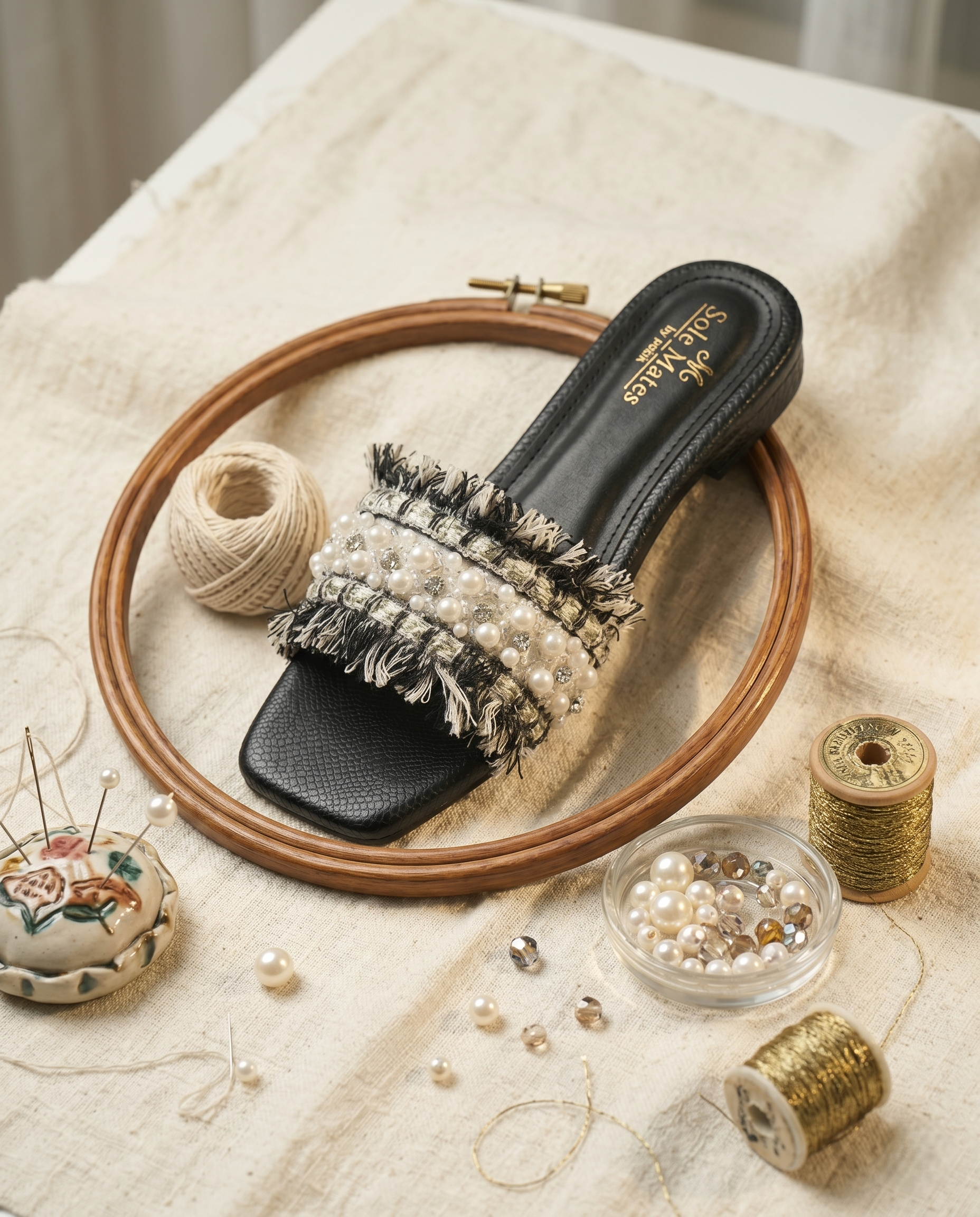 Boho Chic Black slider by Solemates by Palak in embroidery hoop flat lay — tweed fringe strap with pearl and crystal embellishment surrounded by crafting materials