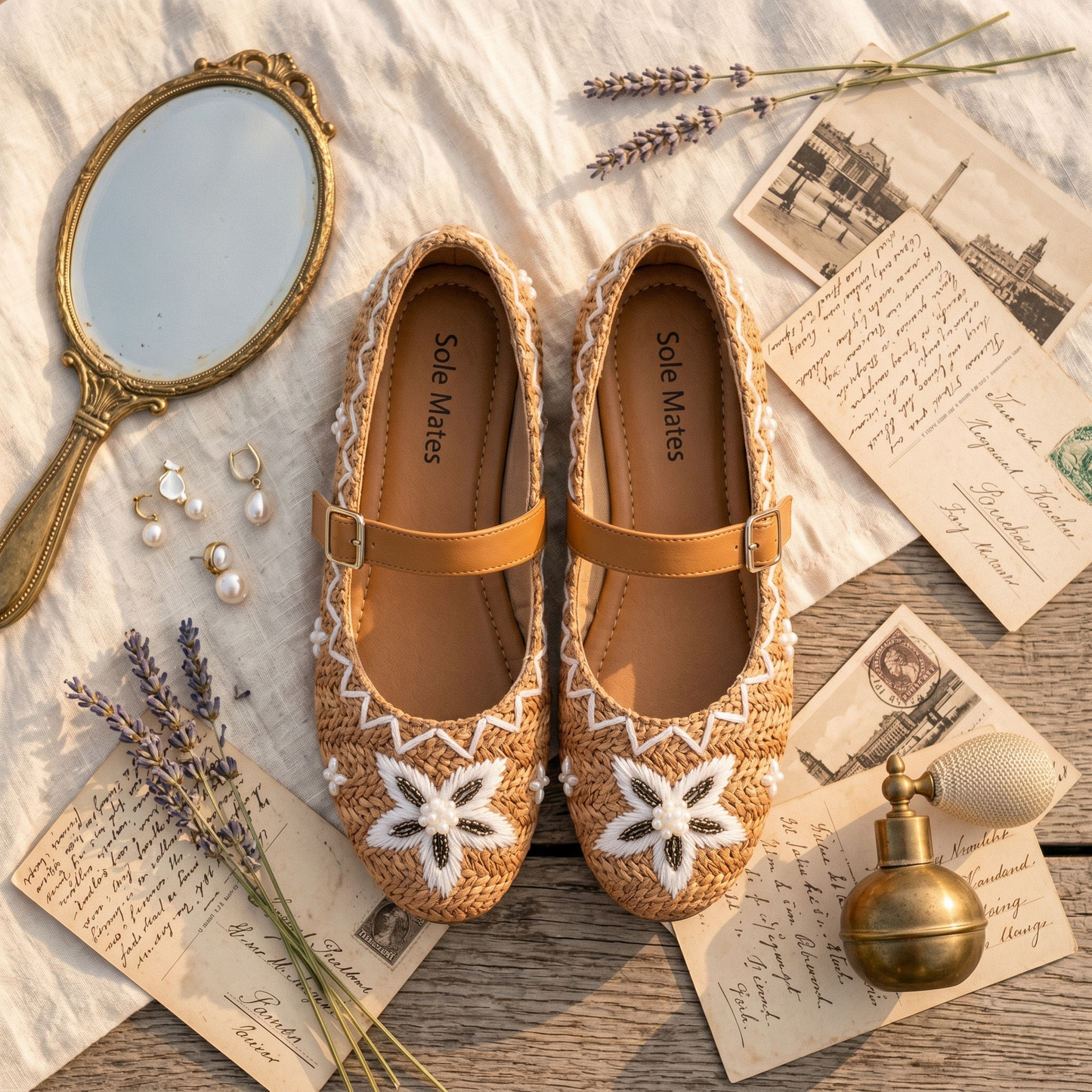 Retro Royal Mary Jane Flats top view — camel raffia woven with white floral embroidery and Solemates by 
Palak branded insole