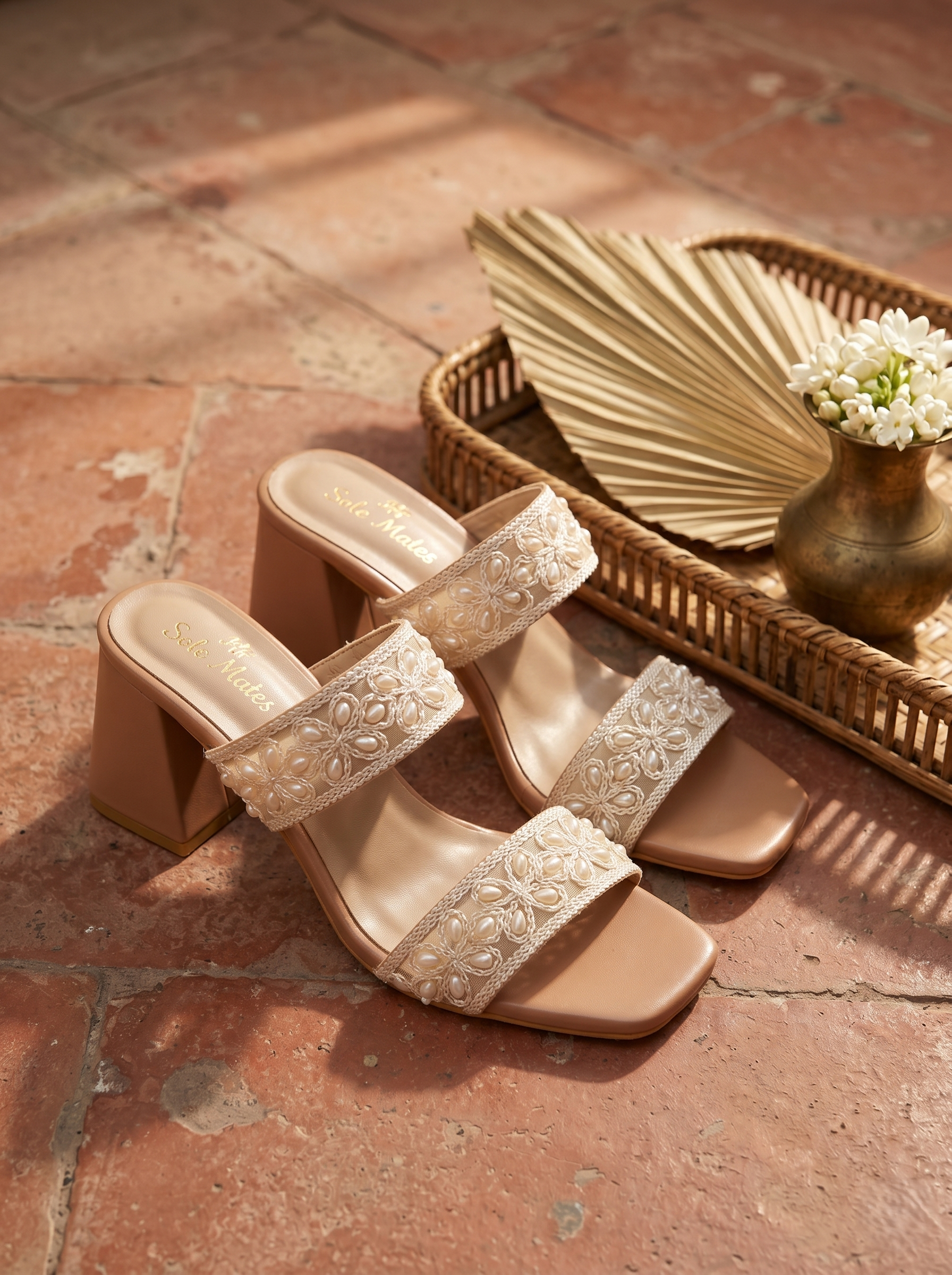 Grace Block Heels side view flat lay — pearl embellished double strap on tan block heel by Solemates by Palak
