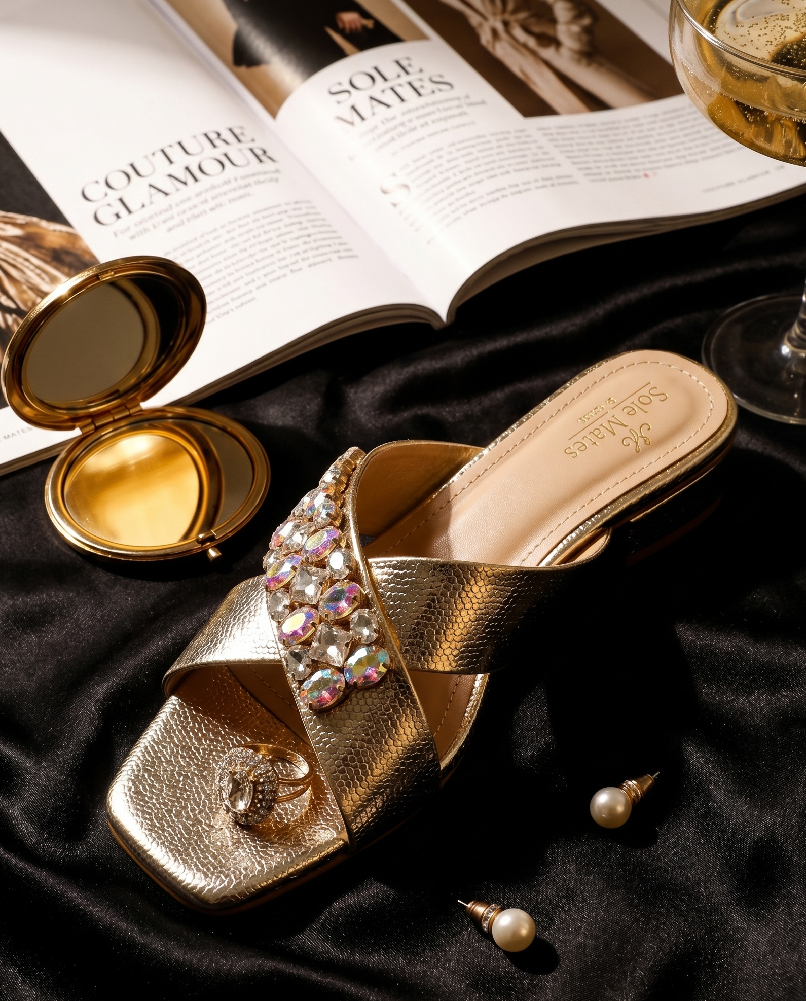 Charolette Gold Sliders styled with gold compact mirror and fashion magazine on black satin — champagne gold criss-cross sliders with AB crystal cluster by Solemates by Palak