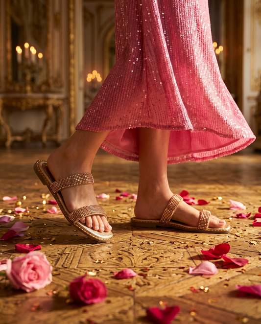 Crystalline Rosegold Flats worn on foot with pink sequin lehenga — double strap rose gold crystal flat sandal by Solemates by Palak, ballroom setting with rose petals