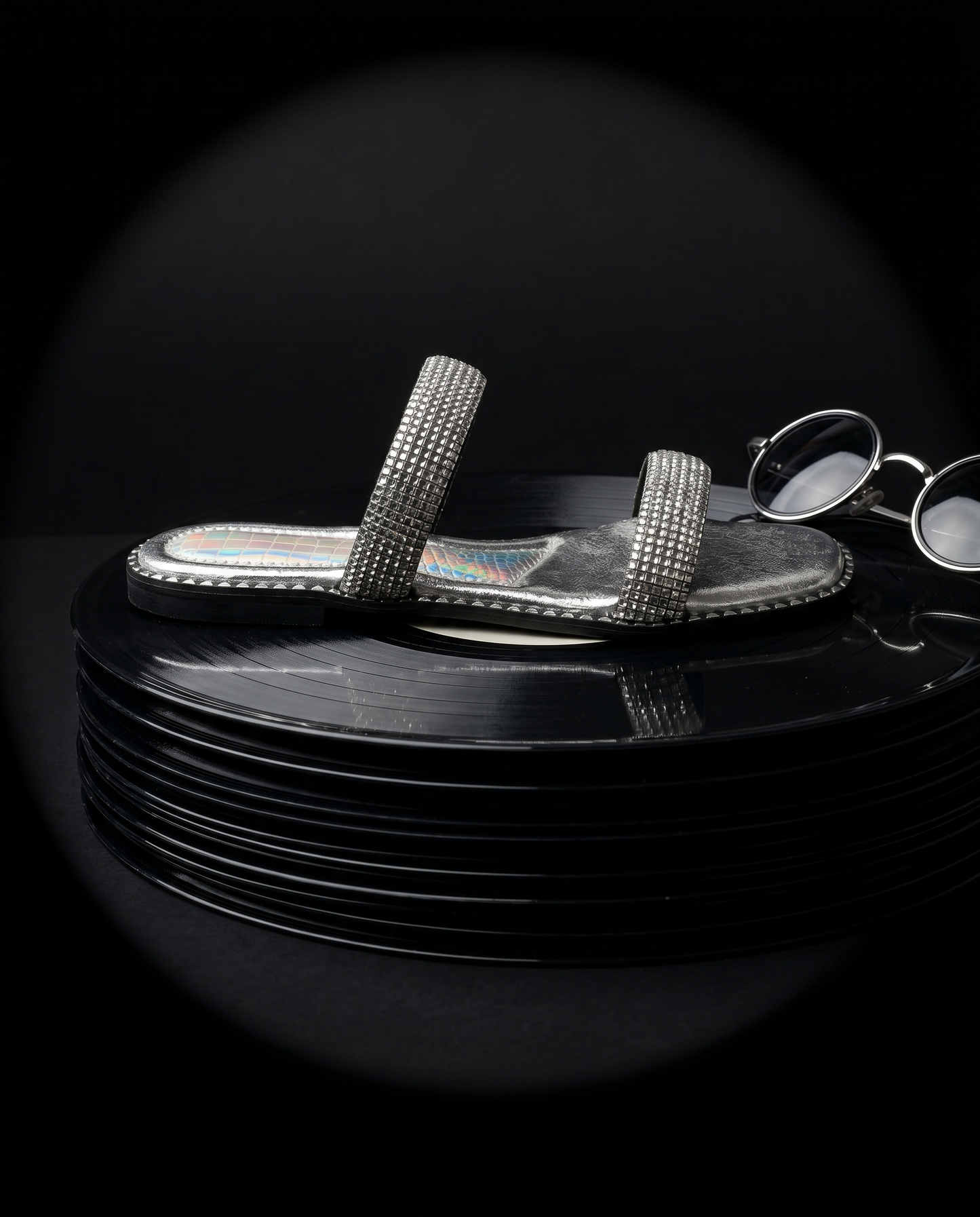 Crystalline Silver Flats — Textured PU Double Strap Sliders | Solemates by Palak