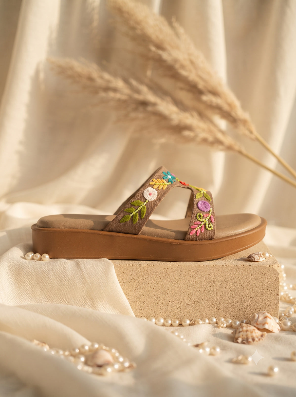 Sydney Brown Flatforms — Brown H-Strap Flatform with Multicolour Floral Hand Embroidery & Bead Detailing | Solemates by Palak