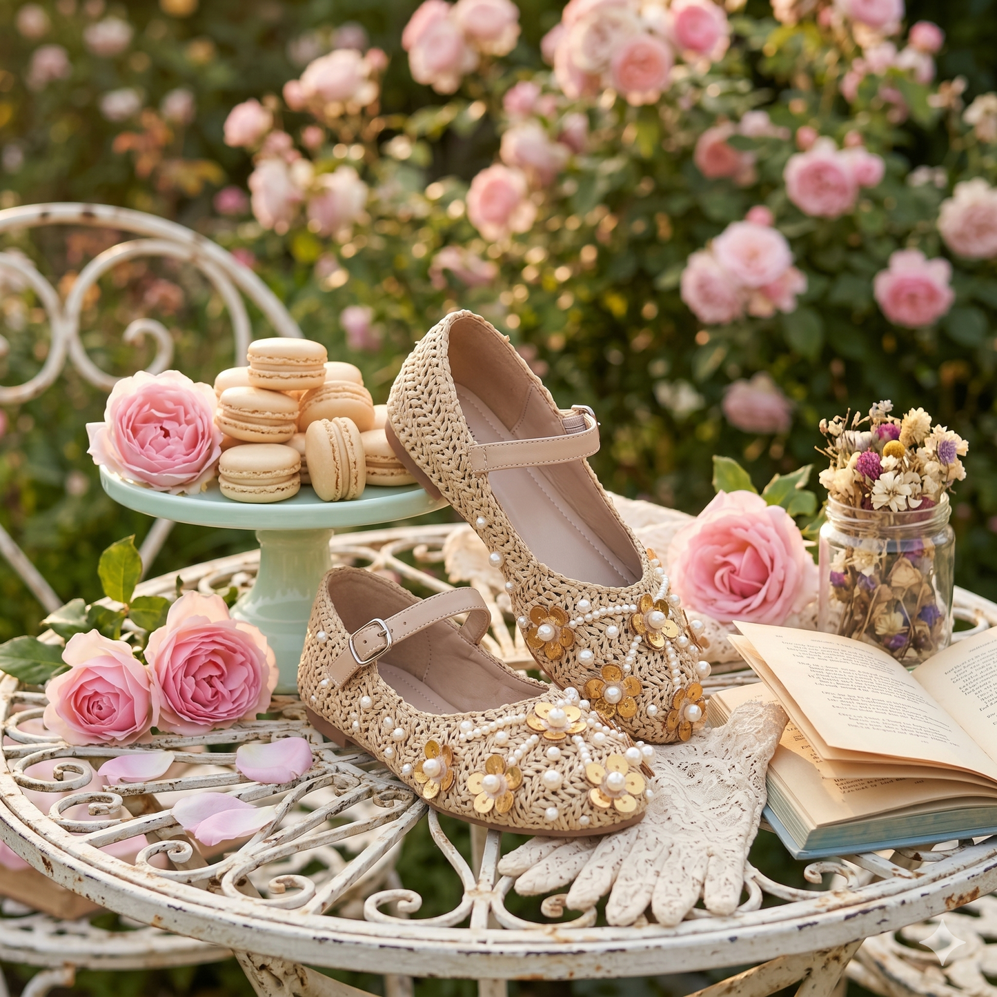 The Gatsby Bloom Pearl and Gold Sequin Mary Jane Flats styled in garden setting — natural raffia crochet upper with pearl and coin sequin embellishments by Solemates by Palak