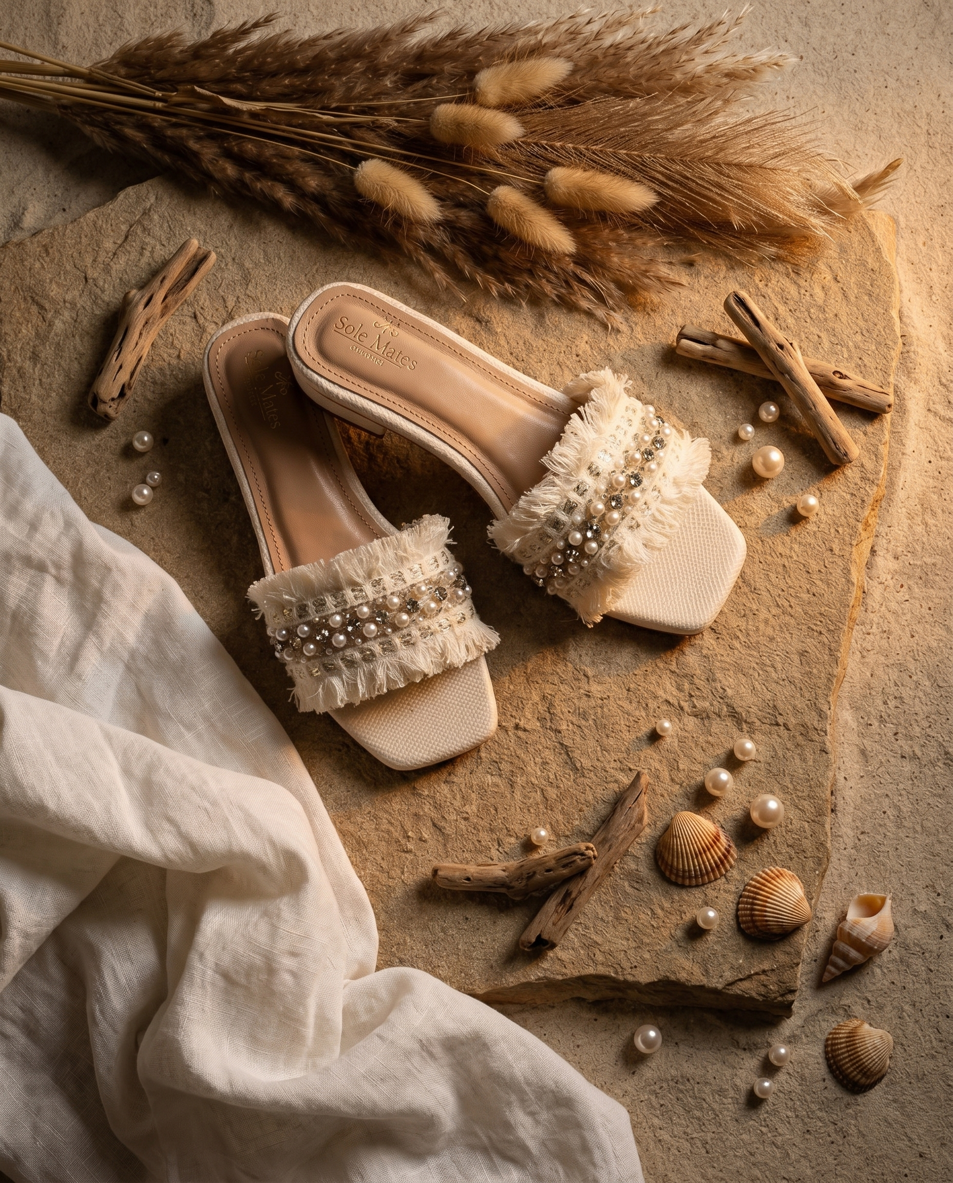 Boho Chic Ivory sliders flat lay on stone surface with dried botanicals and seashells — ivory soft fringe strap with pearl and crystal embellishment by Solemates by Palak