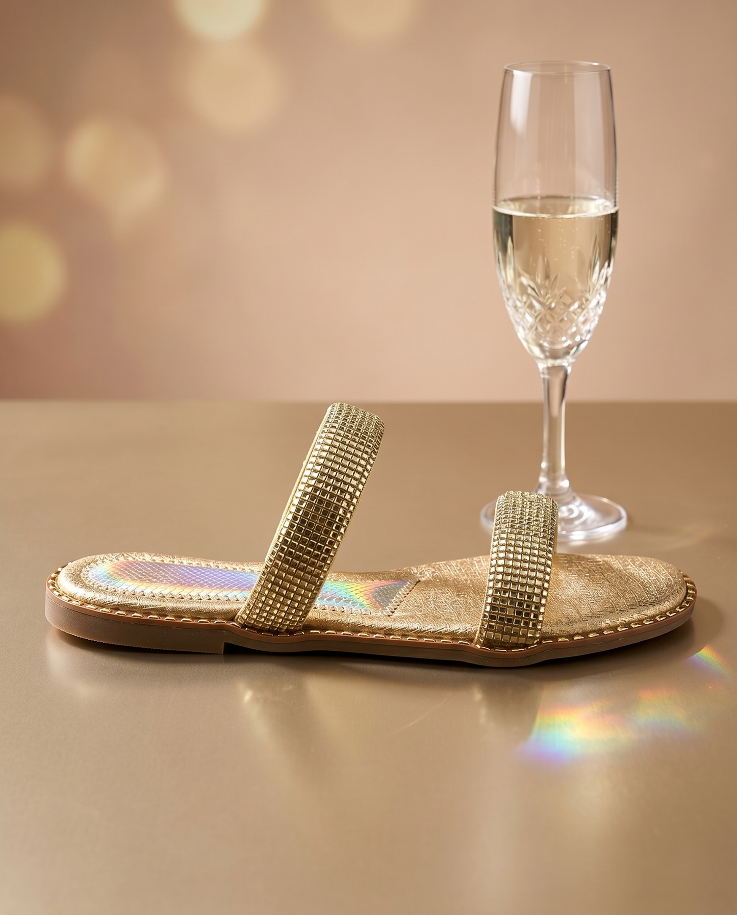 Crystalline Gold Flats side view with champagne flute — double strap gold crystal flat sandal with holographic lining and gold stud sole trim by Solemates by Palak