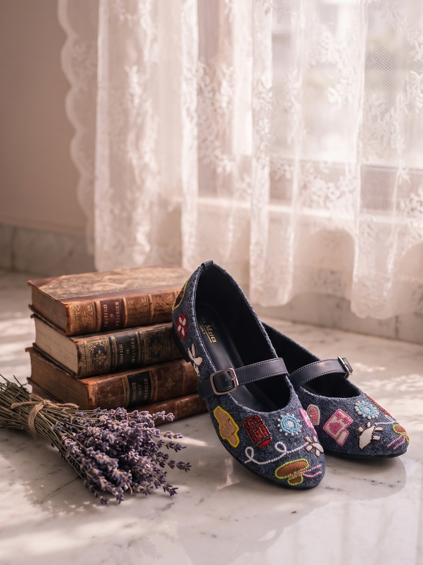 Wanderlust Retro Quirky Mary Jane Flats pair styled with vintage books — navy fabric with eclectic embroidered motifs and navy ankle strap by Solemates by Palak