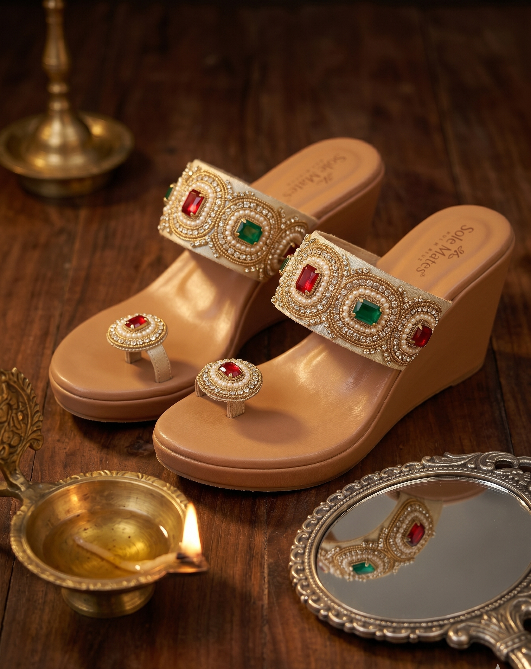 Rang Manch Kolhapuri Heels flat lay — nude toe ring wedge heels with ruby red and emerald green stone embellishment, pearl motifs and rhinestone detailing by Solemates by Palak