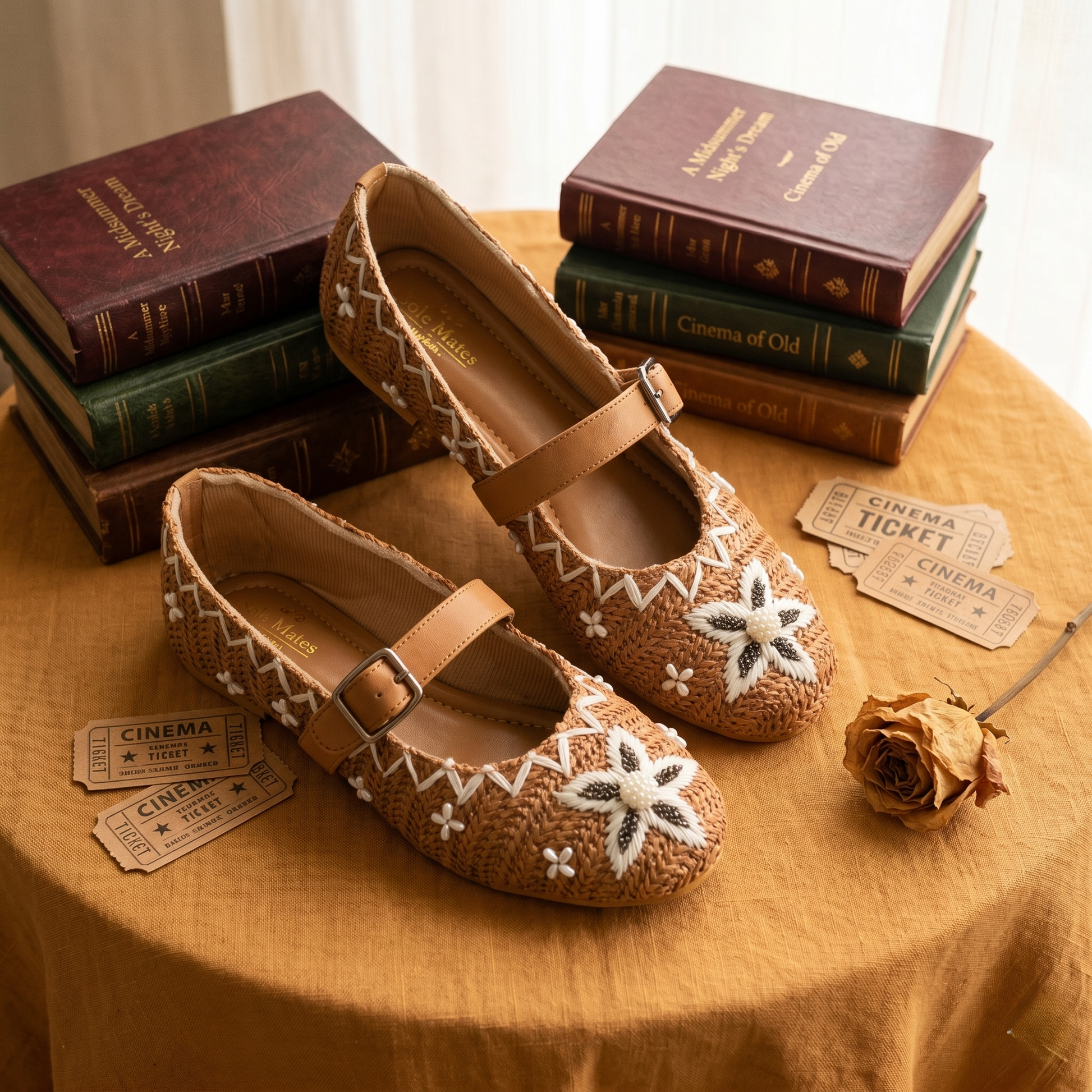Retro Royal Mary Jane Flats pair styled with vintage books — raffia woven upper with white thread floral 
embroidery by Solemates by Palak