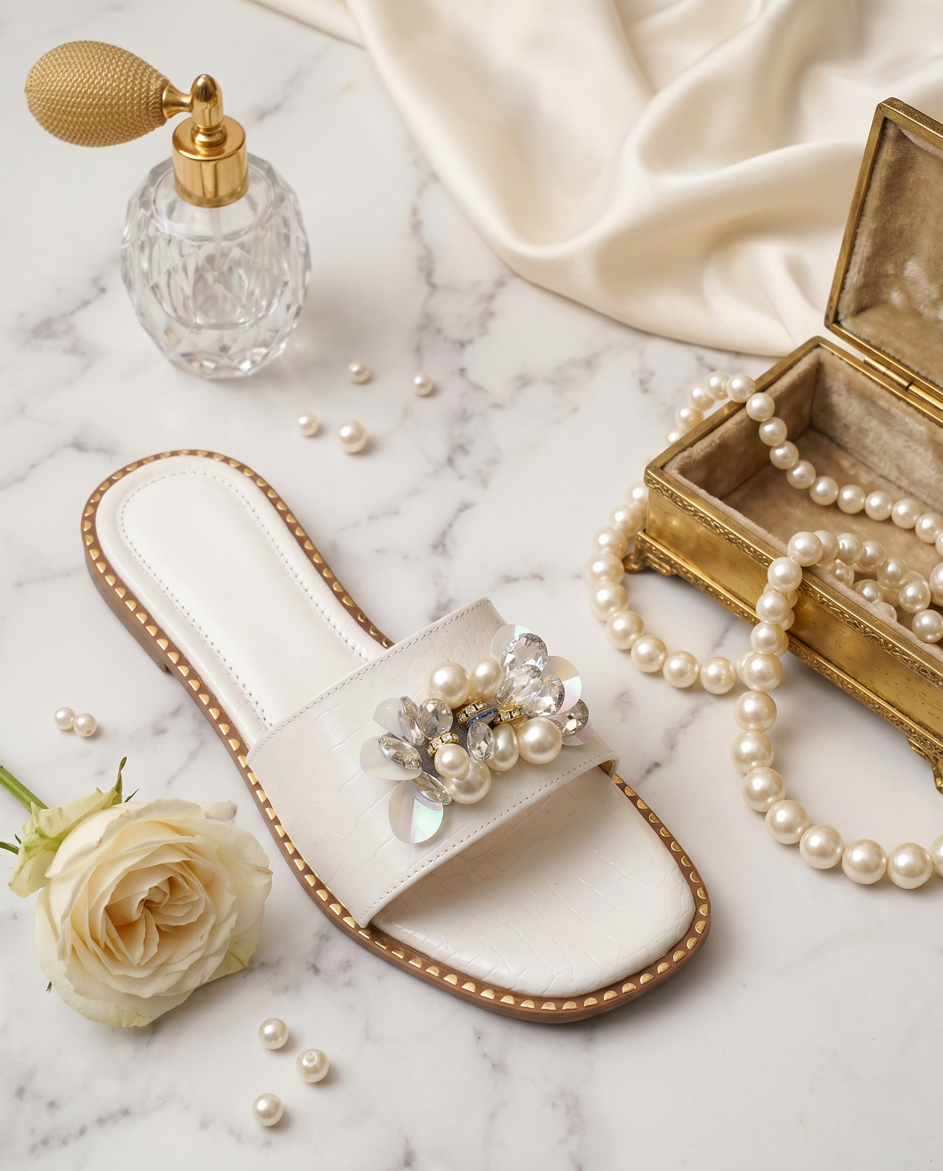 Single Topaz White slider by Solemates by Palak — pearl and iridescent crystal embellishment cluster with gold stud sole trim