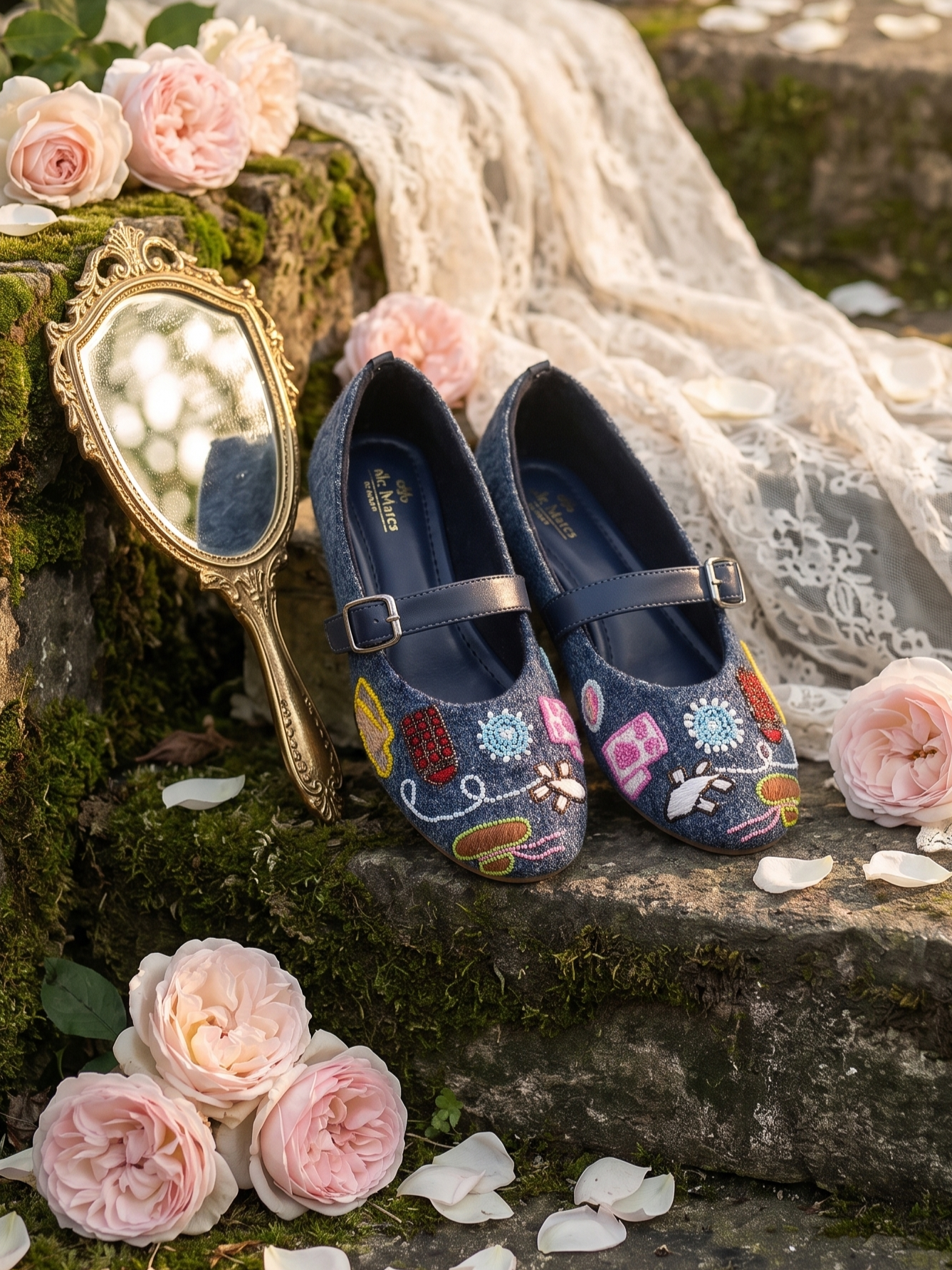 Wanderlust Retro Mary Jane Flats pair on stone steps — dark navy embroidered quirky motif flats by Solemates by Palak