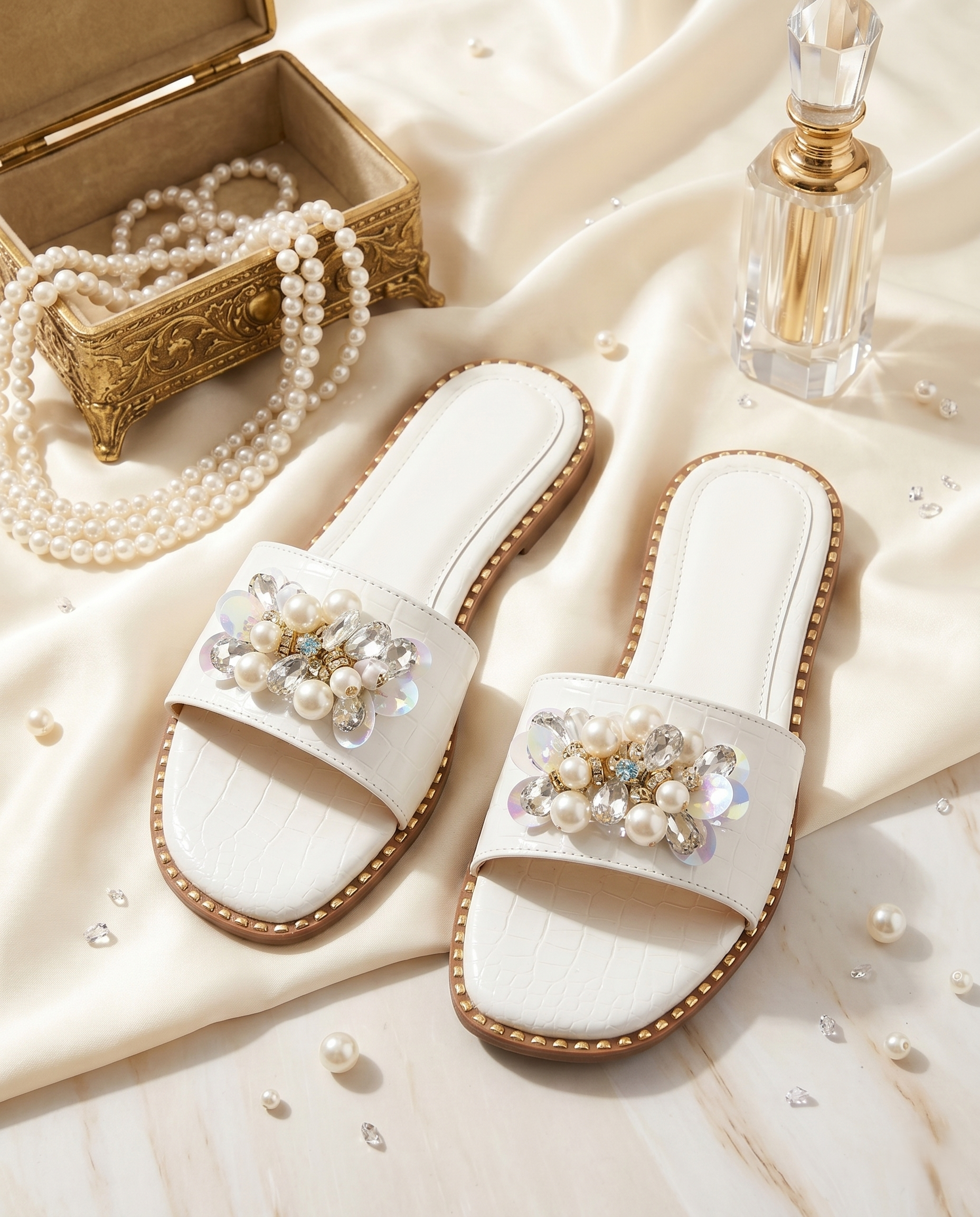 Top view of Topaz White pearl and crystal sliders by Solemates by Palak — flat lay with pearl necklace and perfume bottle