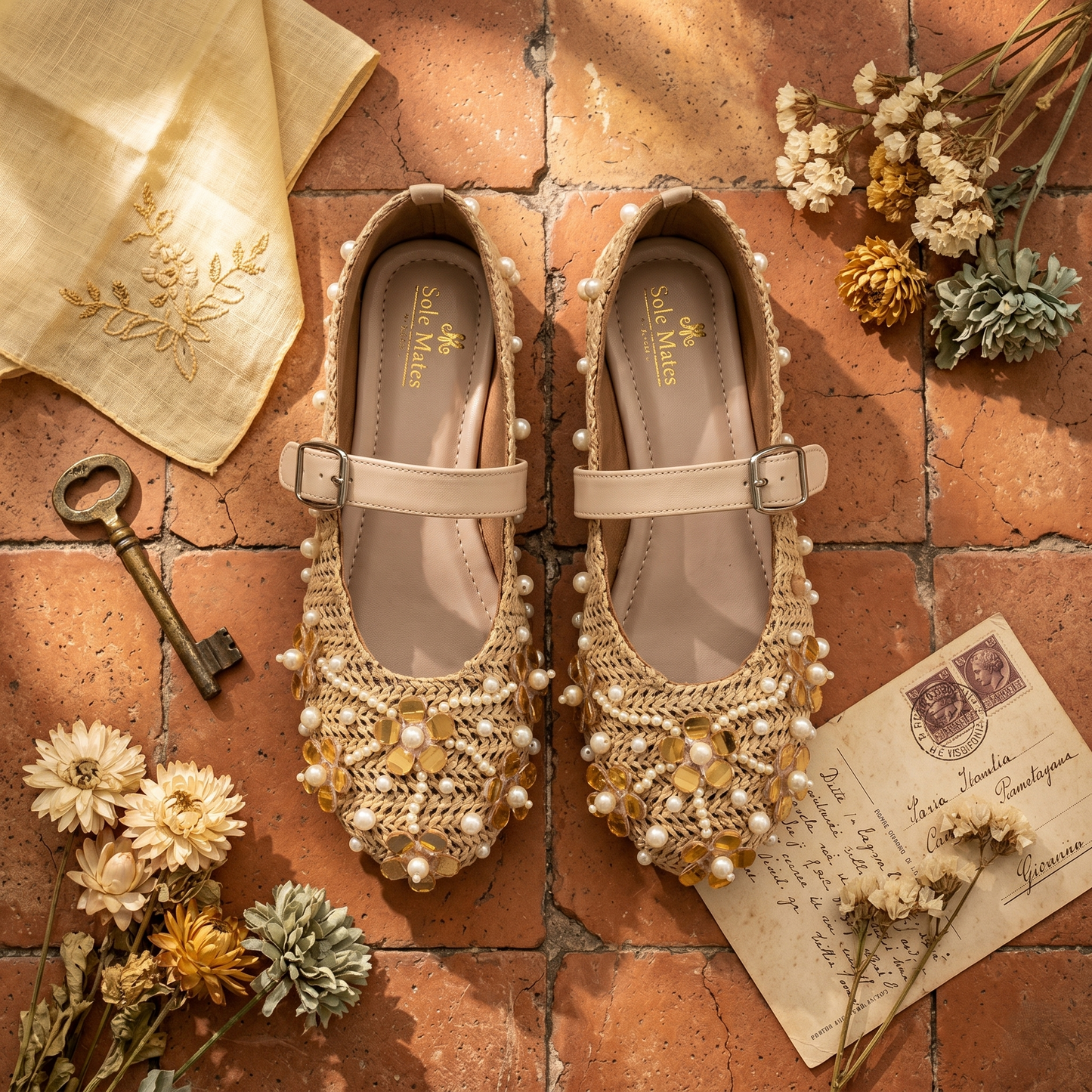 The Gatsby Bloom Mary Janes top view — natural raffia crochet with pearl and gold coin sequin embellishments, Solemates by Palak branded insole