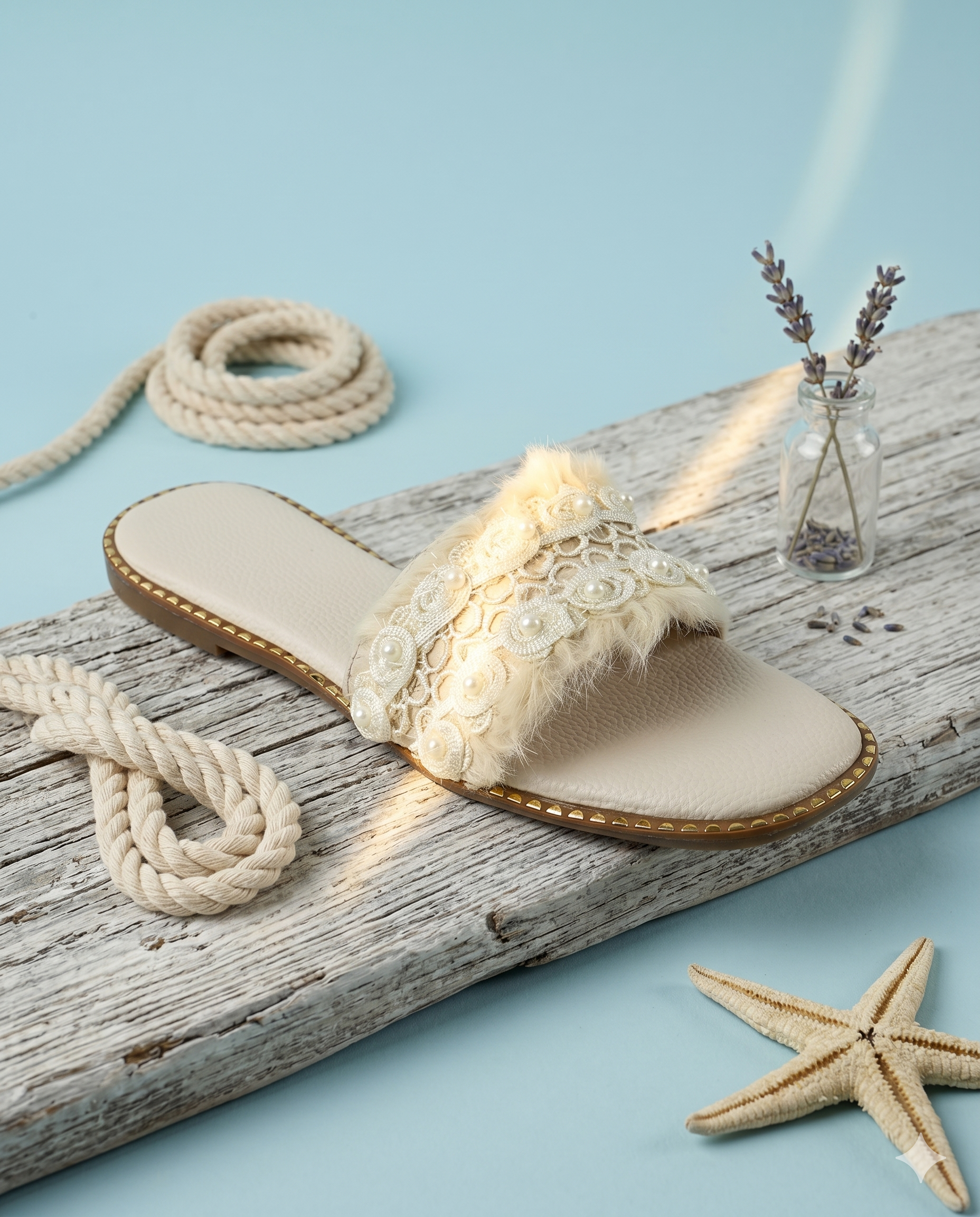 Furry Ivory slider on driftwood by Solemates by Palak — ivory fur strap with cream floral crochet lace and pearl embellishment, gold stud sole trim, coastal styling