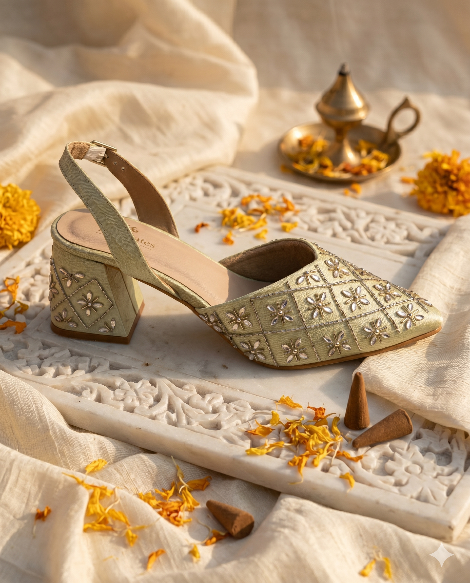 Fire Cracker Heels side profile — sage green slingback block heels with diamond grid mirror work and gold bead embellishment by Solemates by Palak