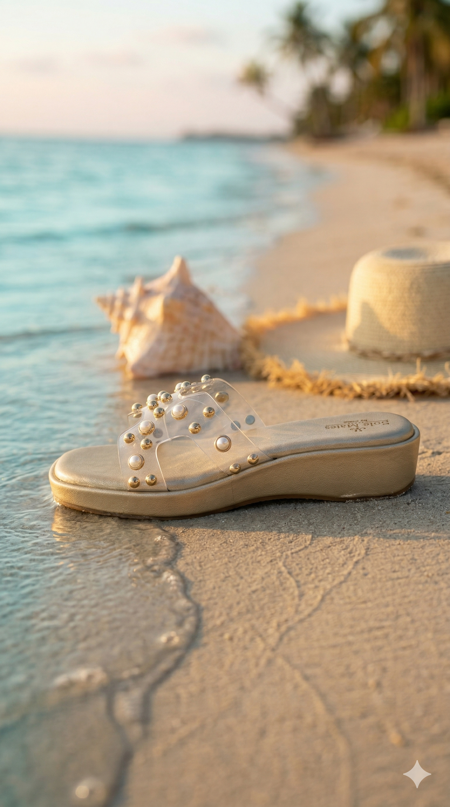 Gold Mist clear strap flatform sliders on beach with seashell — pearl and gold ball embellishments by Solemates by Palak