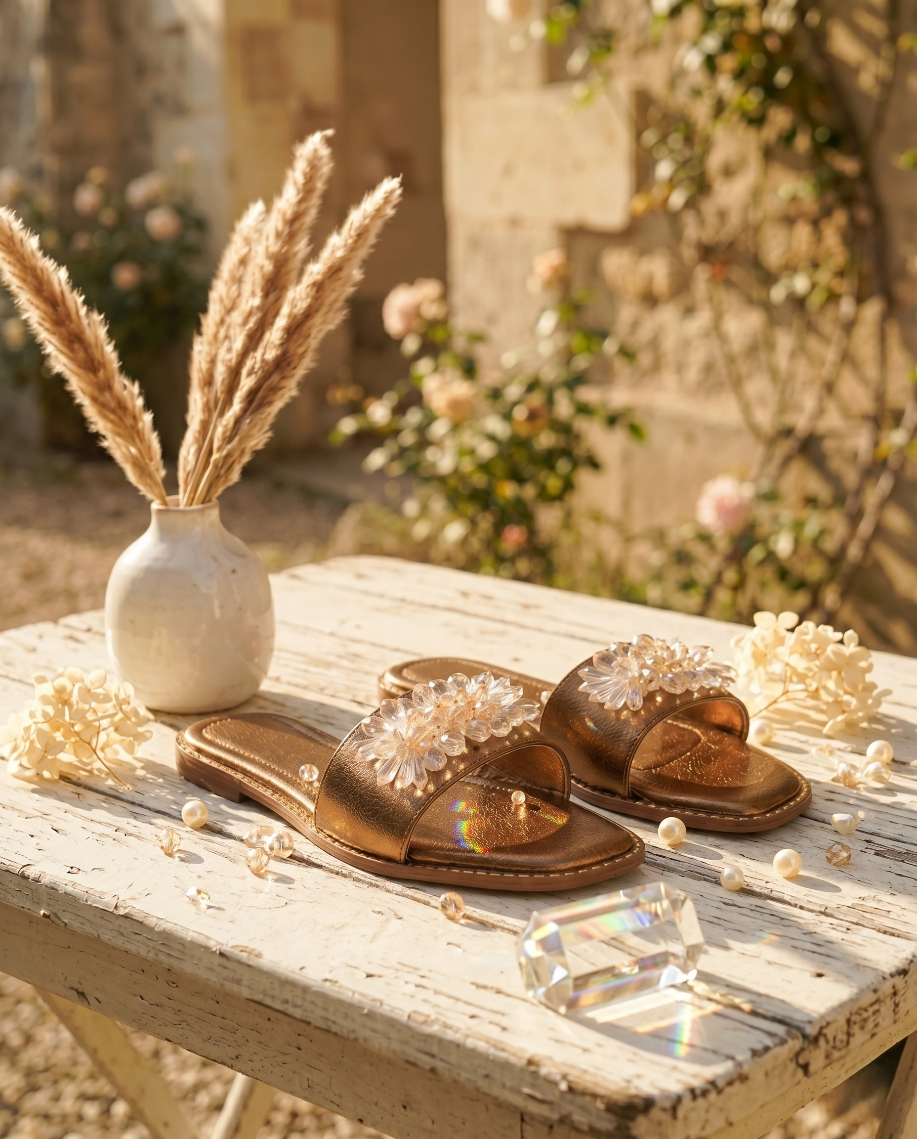 Copper Mirage sliders on rustic white table — copper metallic flat sliders with crystal floral embellishment, pampas grass and dried flowers by Solemates by Palak