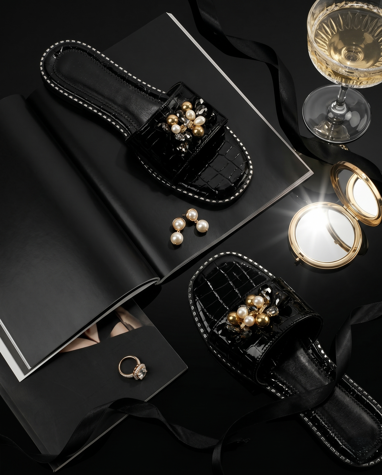 Topaz Black Flat Sliders pair flat lay on fashion magazine — black croc patent sliders with 3D pearl and crystal brooch and silver studded sole trim by Solemates by Palak